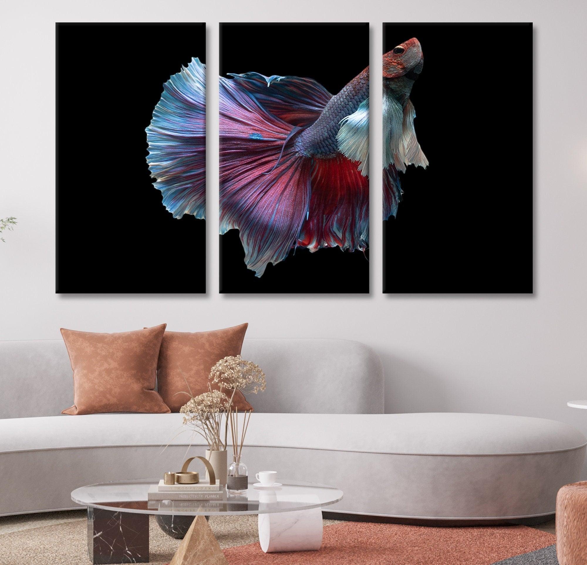 Black Background Wall Art, Betta Fish Decor Canvas Art, Red and white