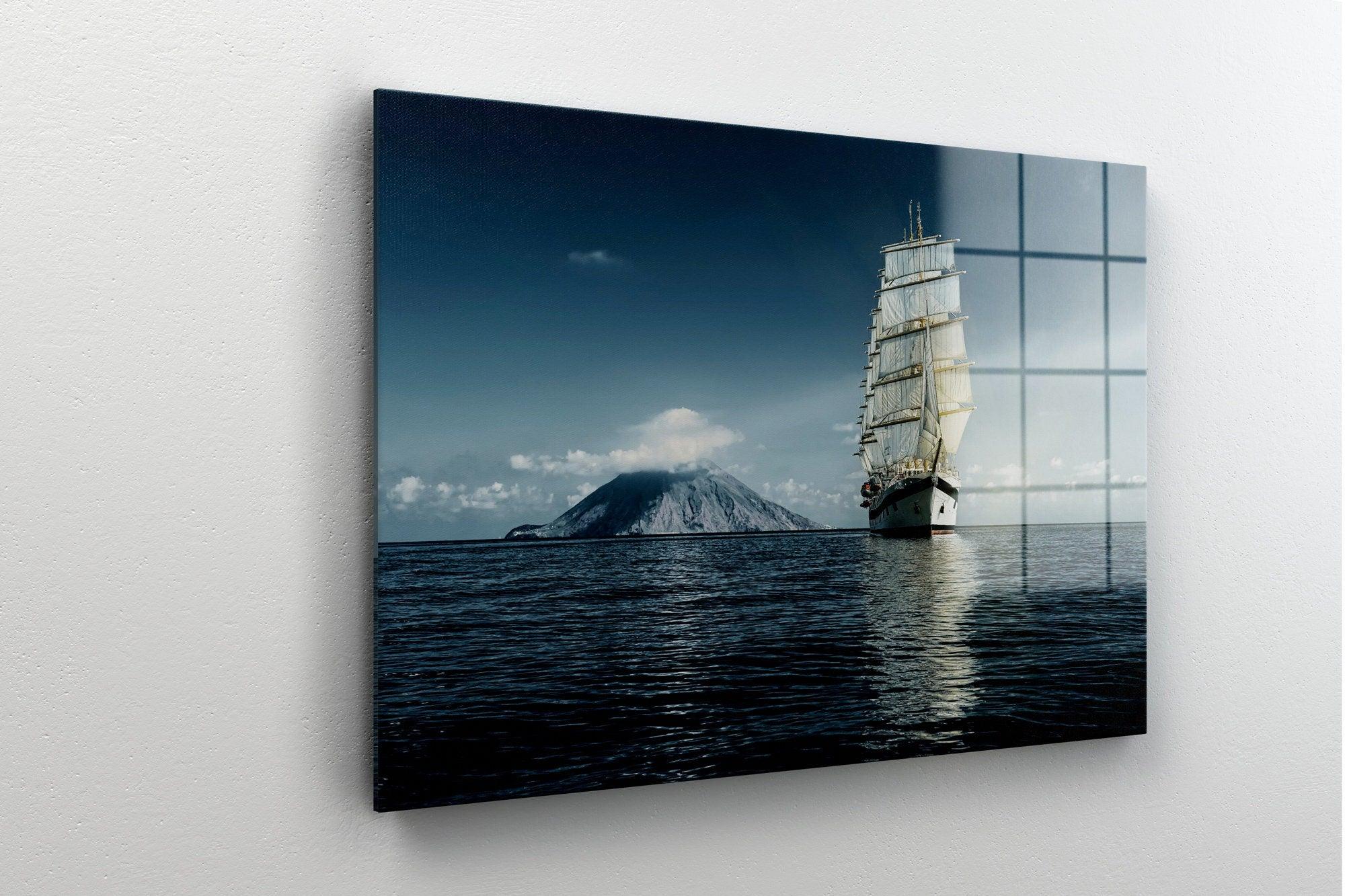 boat Tempered Glass Printing sailing Boat on sea Wall art, Modern Wal