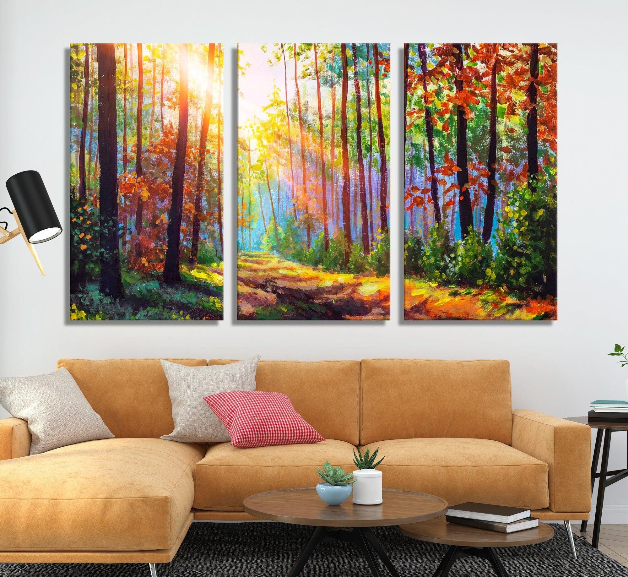 Path in Autumn Forest Trees Sunlight | 3 piece wall art canvas, landsc