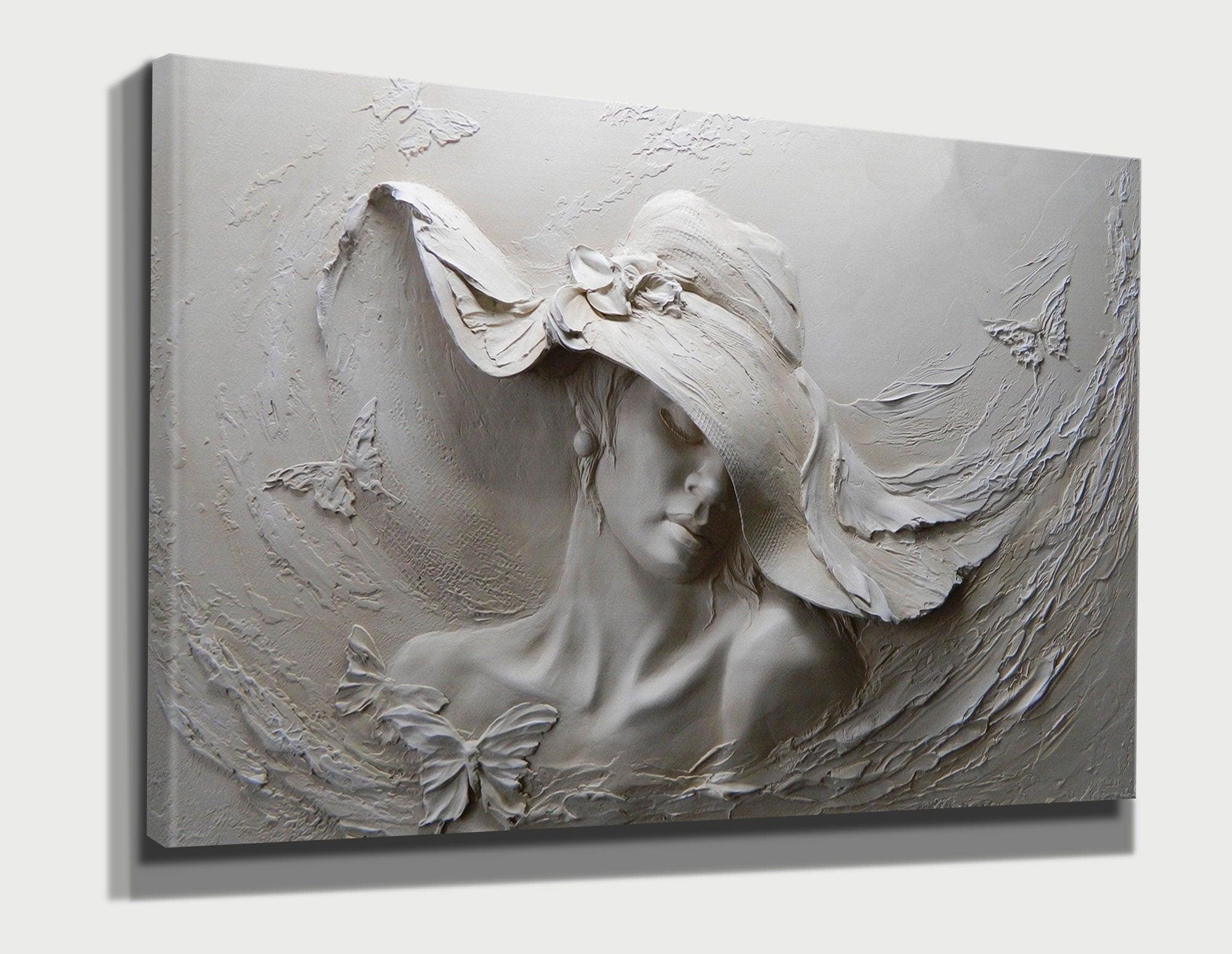 Sculpture Woman Canvas wall art |3D Effect Hat Girl Painting Women, wo