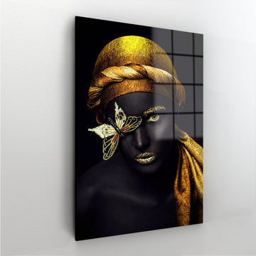 3D Wall Art | Canvas Gift, Living Room Wall Art, African Woman With Gold Butterfly, Abstract Canvas Poster, Gold Woman glass gifts,