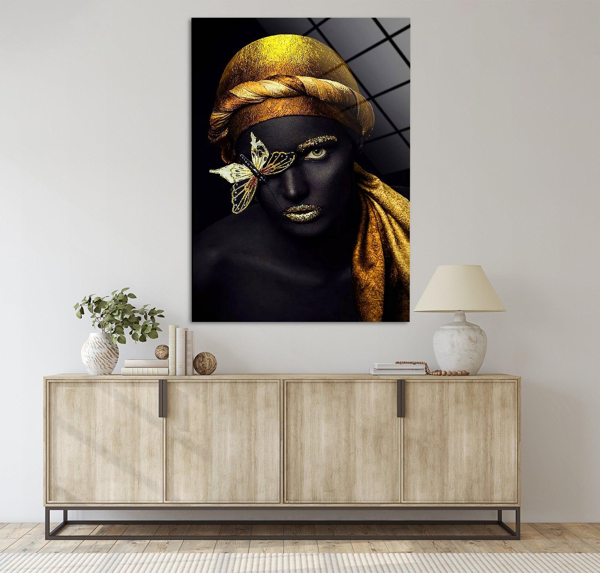 3D Wall Art | Canvas Gift, Living Room Wall Art, African Woman With Gold Butterfly, Abstract Canvas Poster, Gold Woman glass gifts, - TrendiArt
