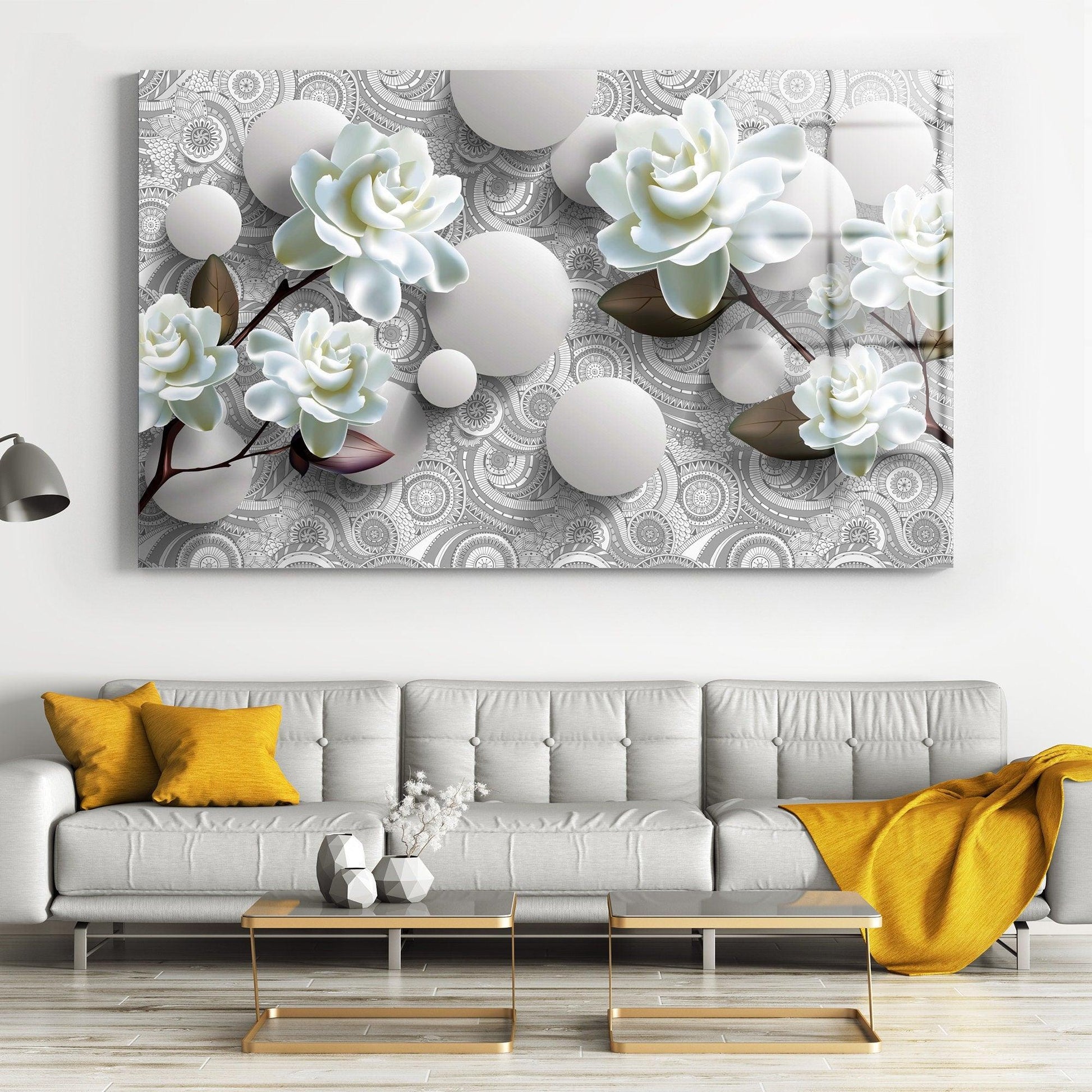 3D White flower Canvas Wall Art, Flowers Wall Hangings, White Canvas Wall Print, Black White Room Decor, Ready to Hang