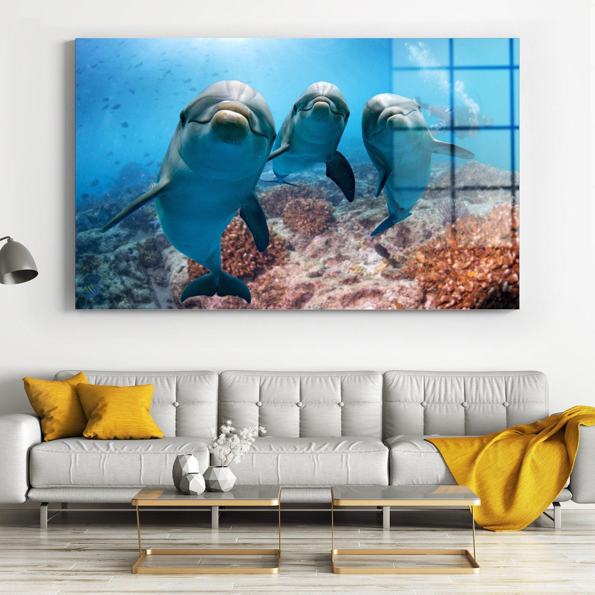 A lovely dolphins Canvas Wall Art Design | Large Canvas Stunning Image of Ocean Dwellers for Decor Large Wall in House, dolphins glass wall