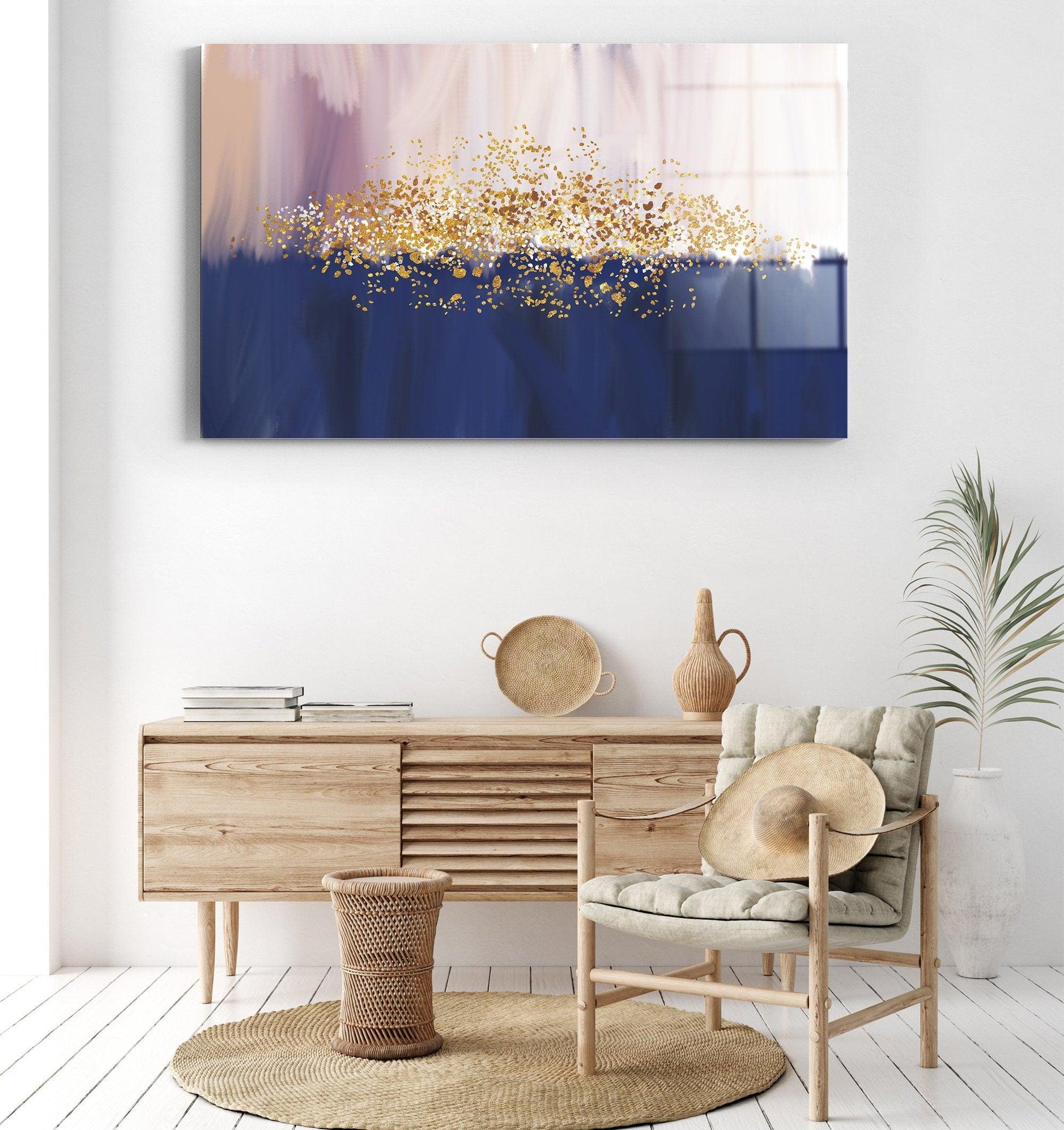 Abstract blue and gold wall art- Extra Large Wall Art-Wall Hanging Decor-fashion Wall decor-abstract wall art canvas-tempered glass wall art - TrendiArt