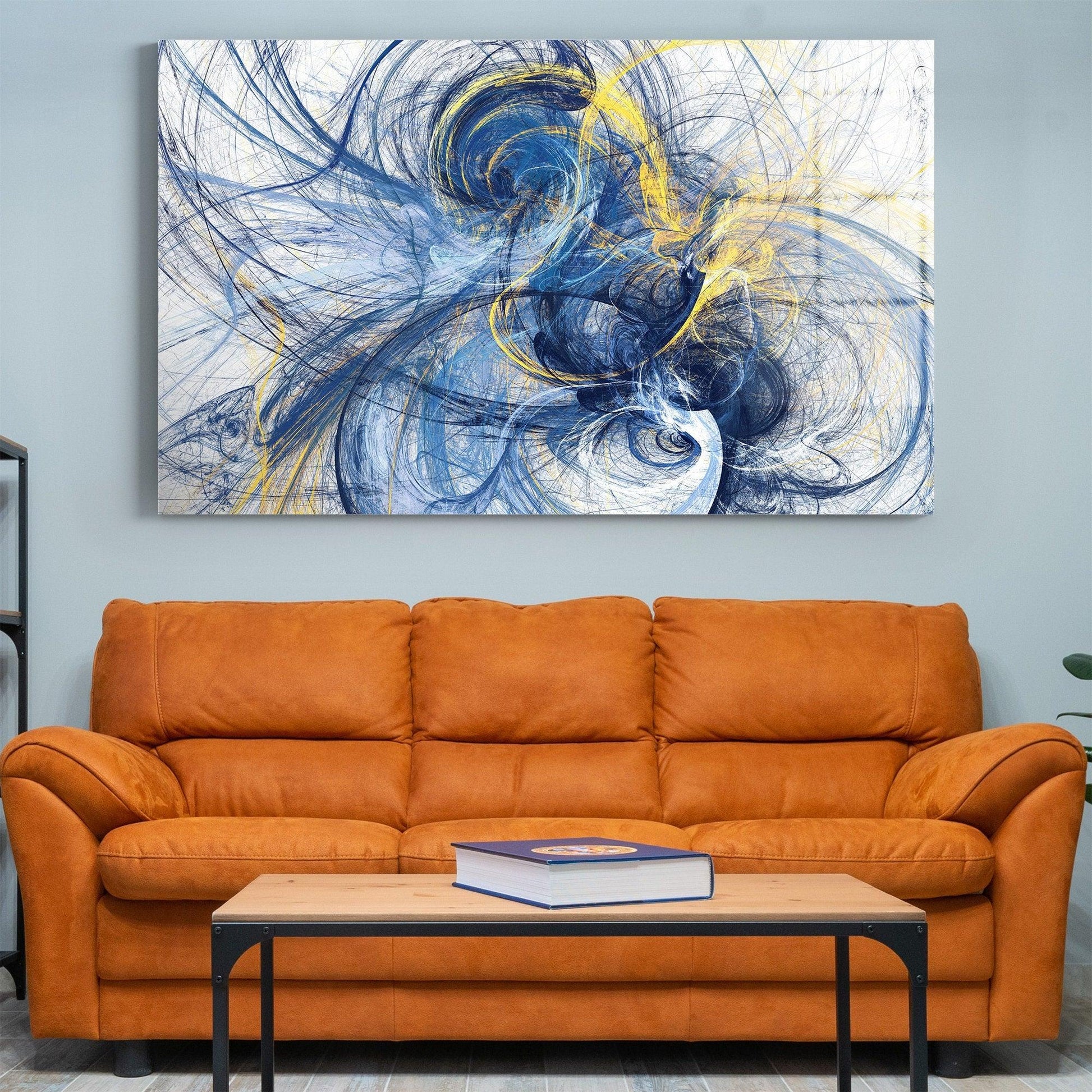 Abstract blue bright glass wall art| blue wall art, blue and yellow wall art, personalized gifts for dad, Living room decor, canvas wall art