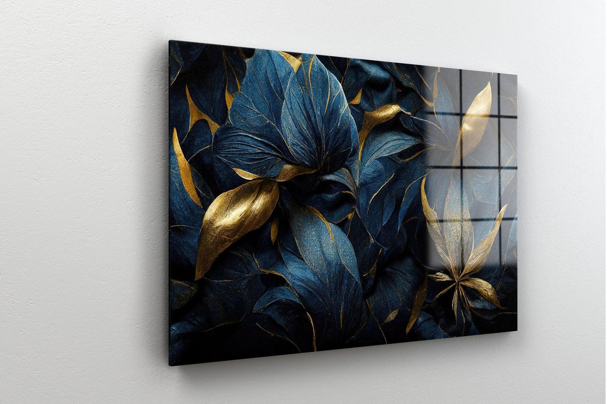 abstract blue leaf glass wall Print, Floral Wall Decor, Impressionism Flowers Wall Art, Botanical Canvas Print, Botanical Style Art - TrendiArt