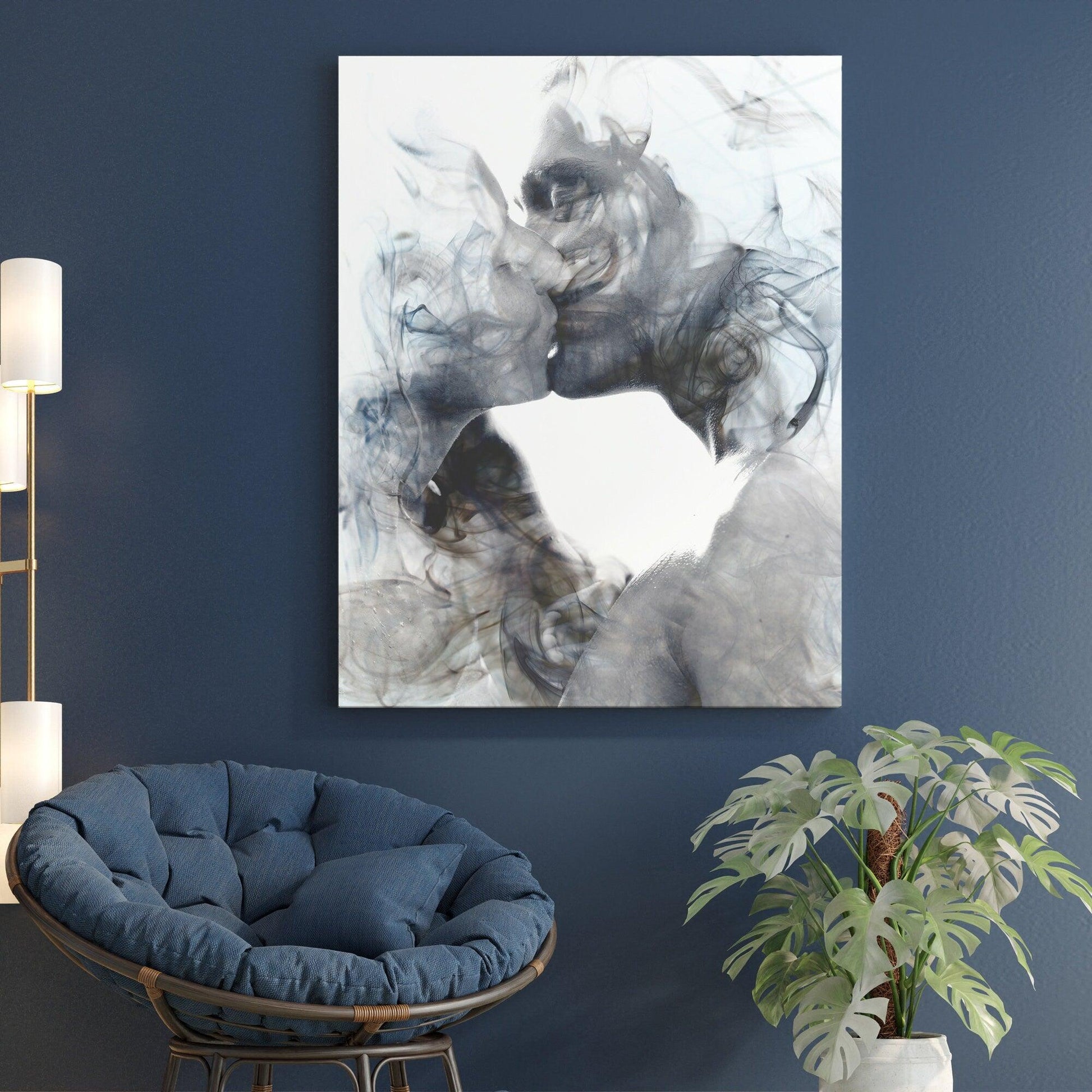 Abstract Couple Kissing canvas wall|  Romantic Kissing wall art, Smoke Effect, Love Portrait, love making Canvas Print, Home Decore