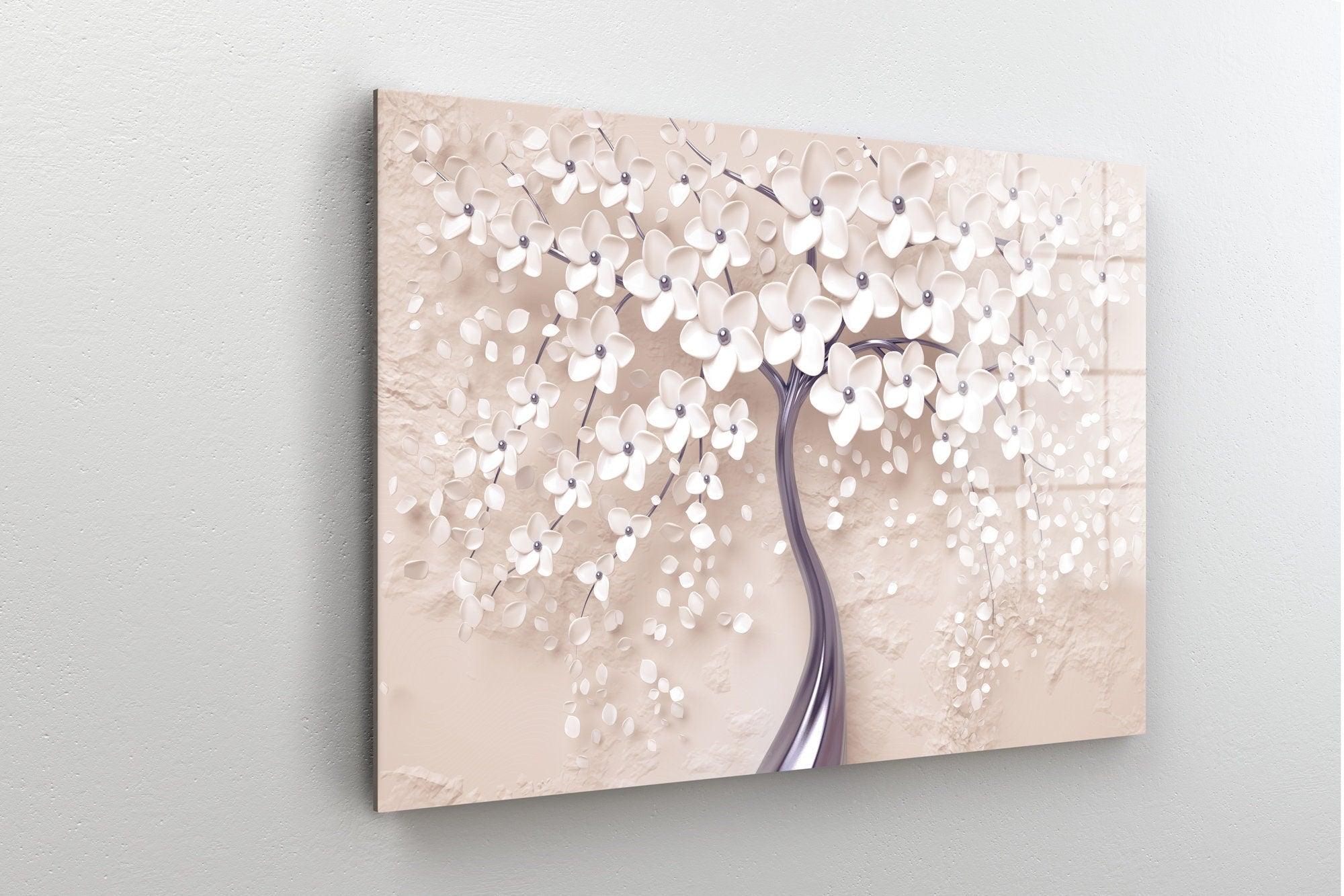 Abstract Flowers Tempered Glass Printing Wall Art| light pink Wall Decor, White Flowers Landscape, Flower glass wall decor, Housewarming - TrendiArt