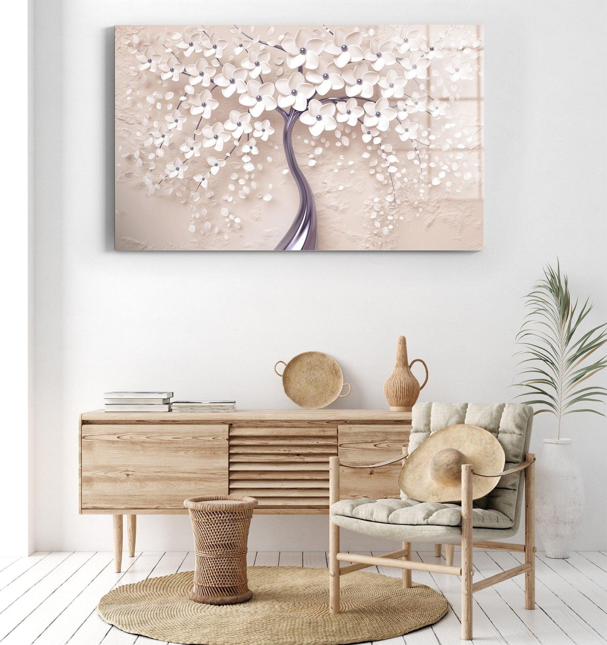 Abstract Flowers Tempered Glass Printing Wall Art| light pink Wall Decor, White Flowers Landscape, Flower glass wall decor, Housewarming - TrendiArt