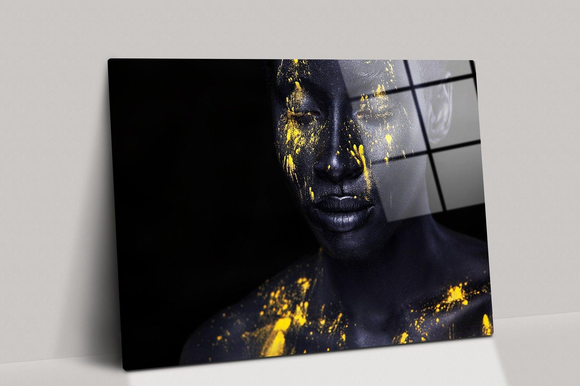 African Woman glass Wall Art| young African woman with art fashion makeup GLASS DECOR, woman with black makeup and leaking yellow paint