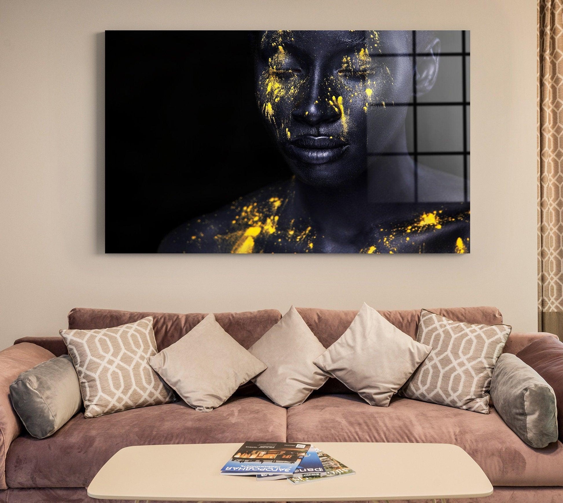 African Woman glass Wall Art| young African woman with art fashion makeup GLASS DECOR, woman with black makeup and leaking yellow paint