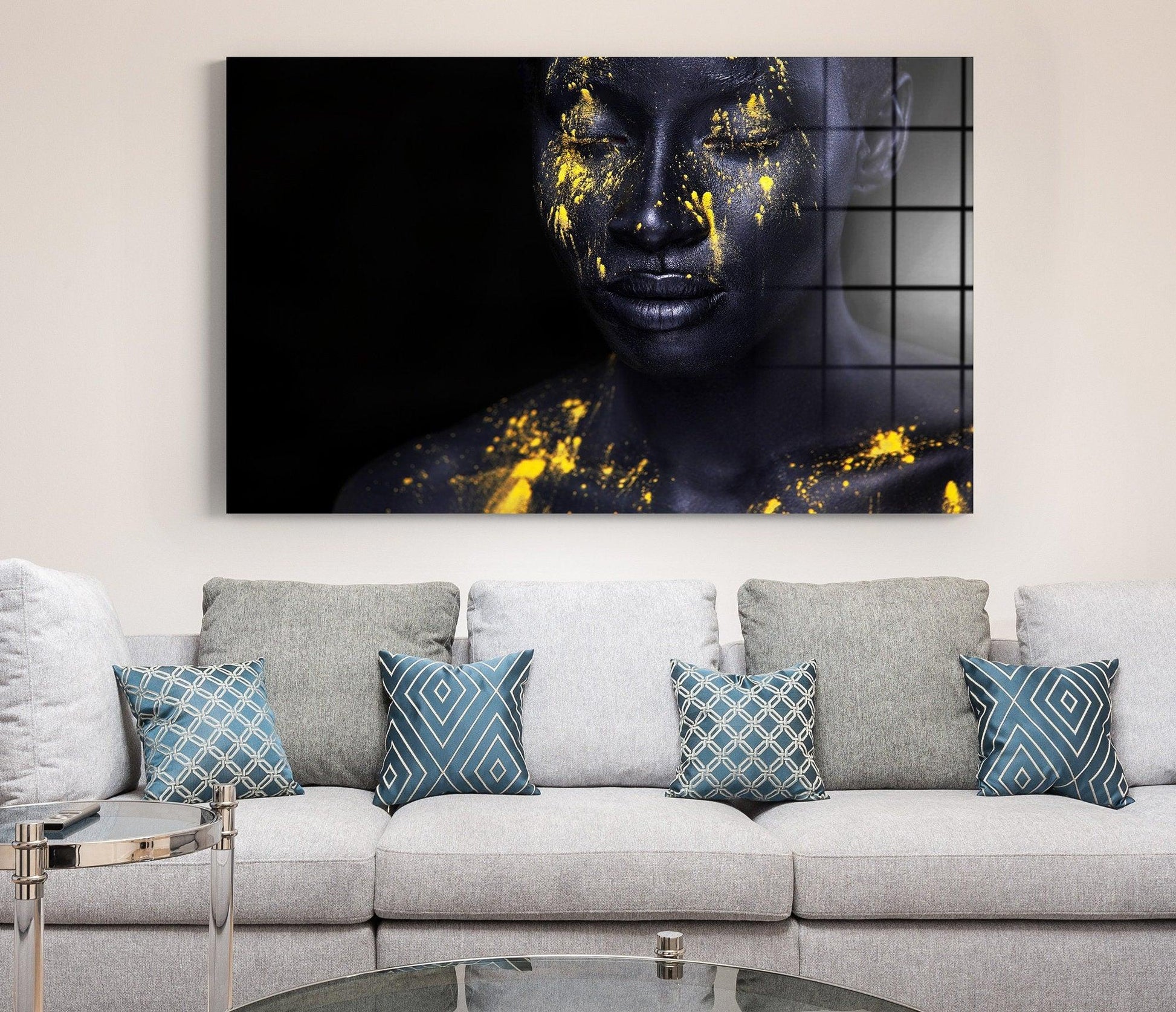 African Woman glass Wall Art| young African woman with art fashion makeup GLASS DECOR, woman with black makeup and leaking yellow paint