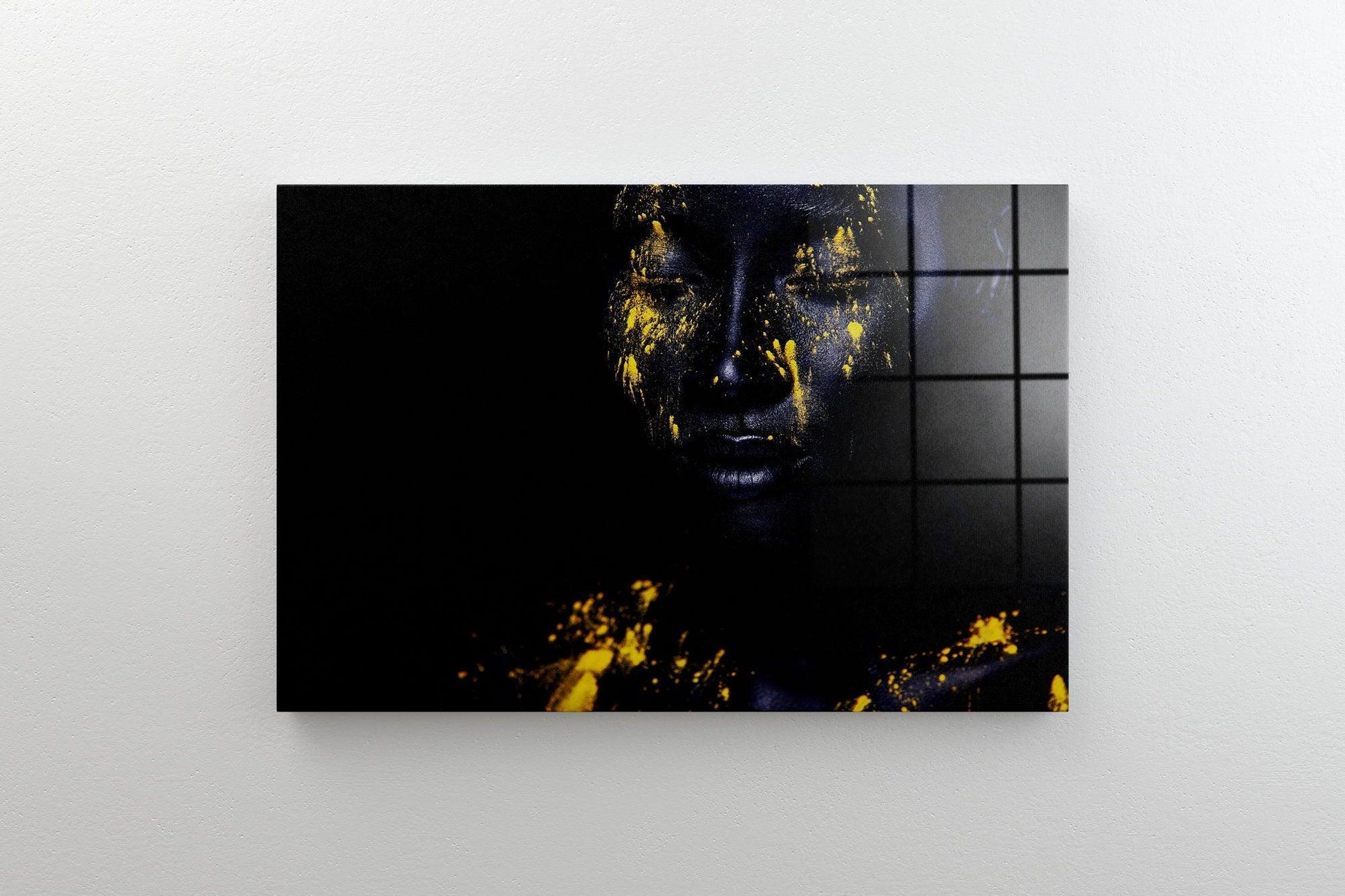 African Woman glass Wall Art| young African woman with art fashion makeup GLASS DECOR, woman with black makeup and leaking yellow paint