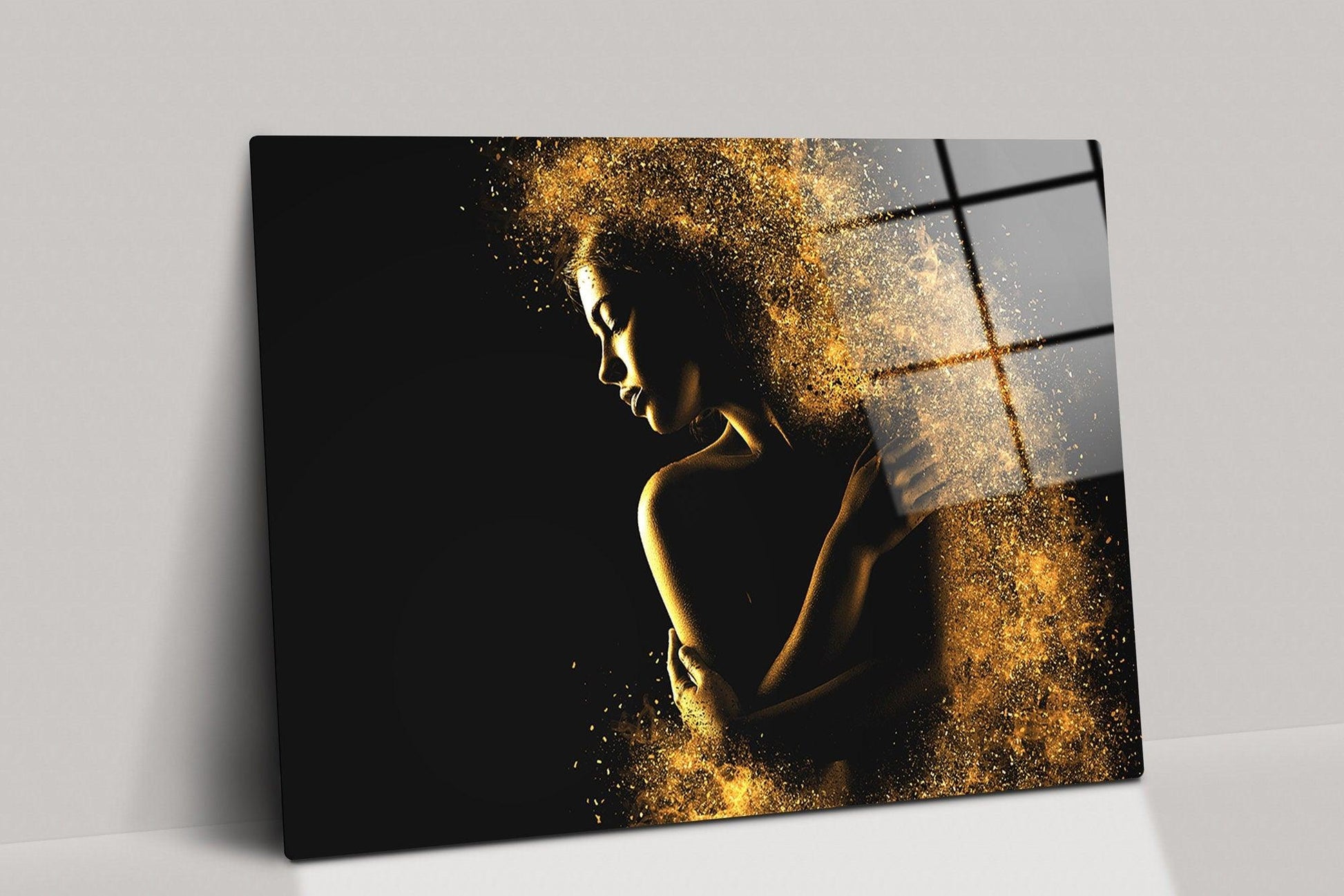 African woman gold glitter glass painting| ethnic painting, black woman painting, african woman wall art, gold and black canvas painting