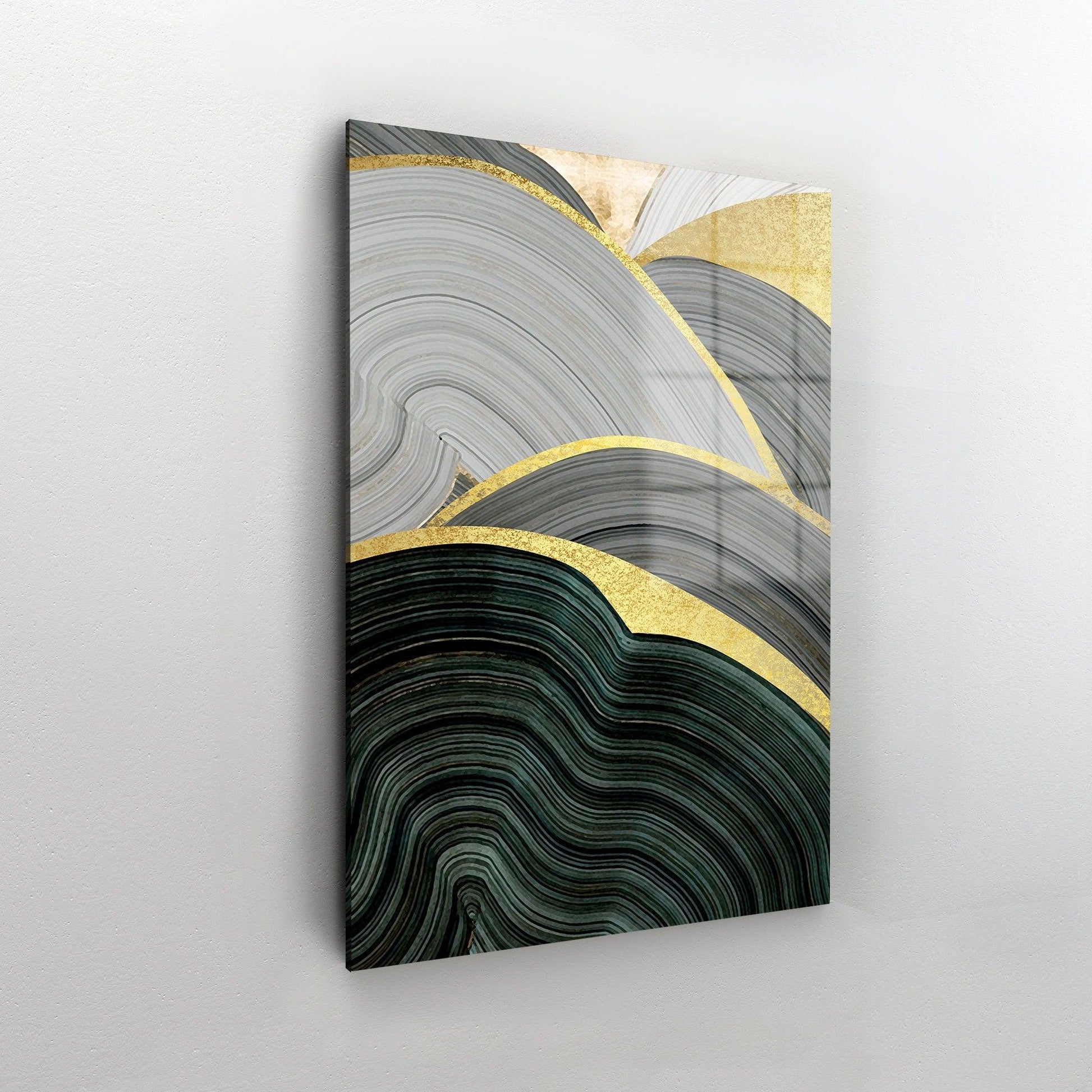 Black and Gold Waves glass painting wall art| Black With Gold Accent Wall Art, gold accent wall art, farmhouse wall decor bedroom, vertical - TrendiArt