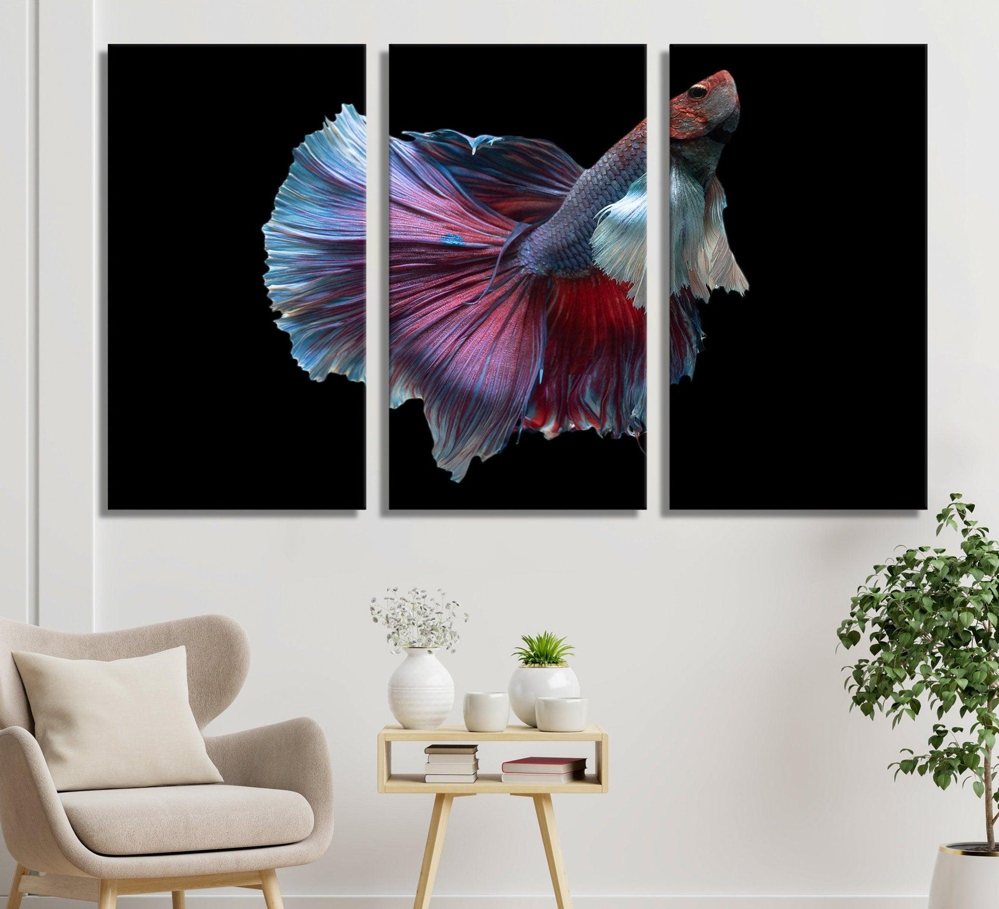 Black Background Wall Art, Betta Fish Decor Canvas Art, Red and white Fish Print Art, Fish Wall Print, Tropical Fish Canvas Art