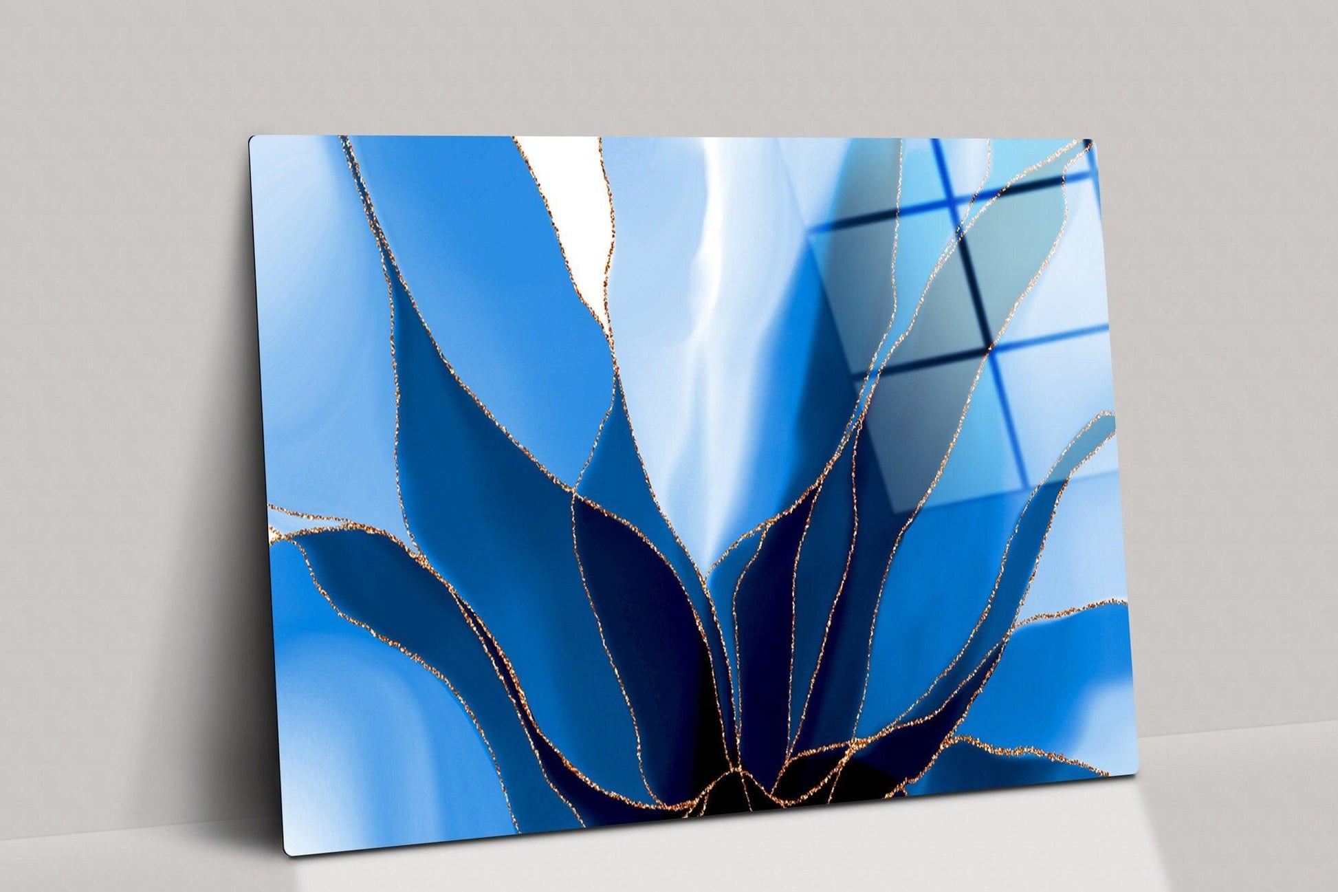 blue abstract flower Glass Printing Wall Art |Large Wall Decor Living Room-Glass Wall Art-Tempered Glass Wall Art-Abstract Marble Texture