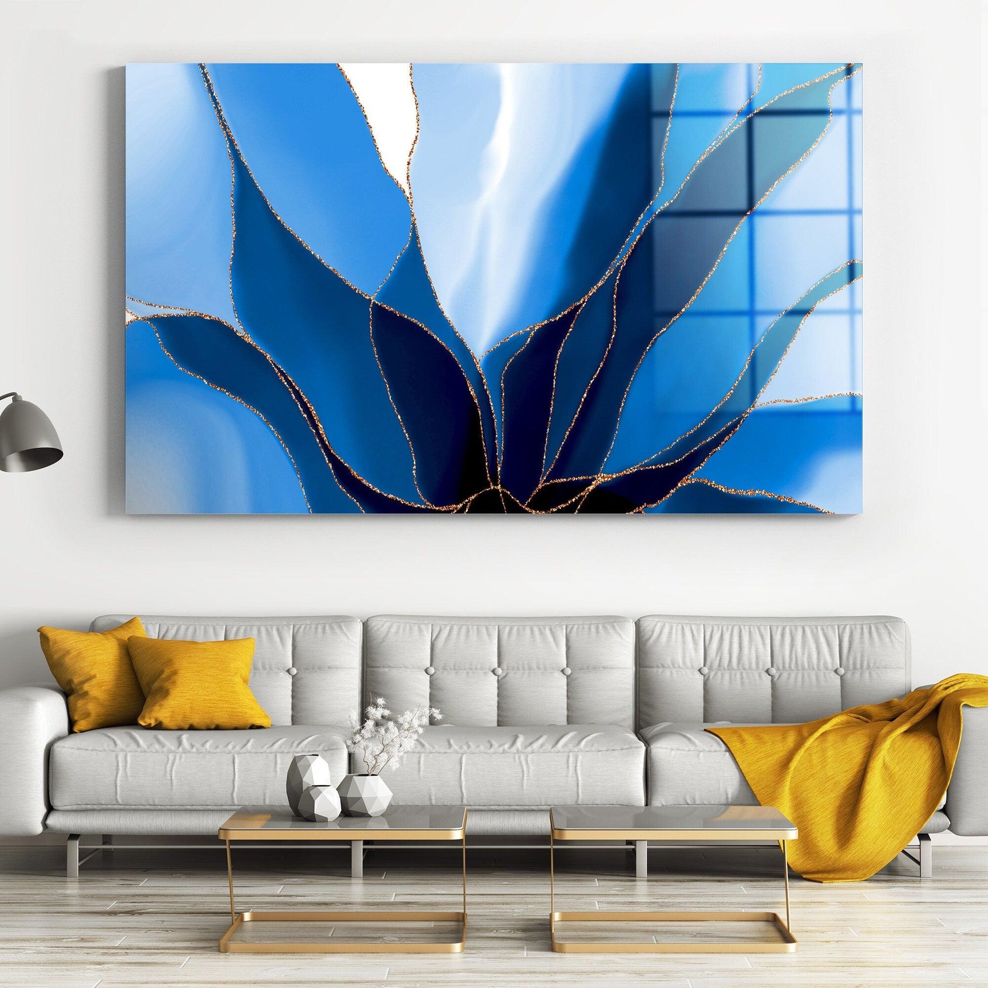 blue abstract flower Glass Printing Wall Art |Large Wall Decor Living Room-Glass Wall Art-Tempered Glass Wall Art-Abstract Marble Texture