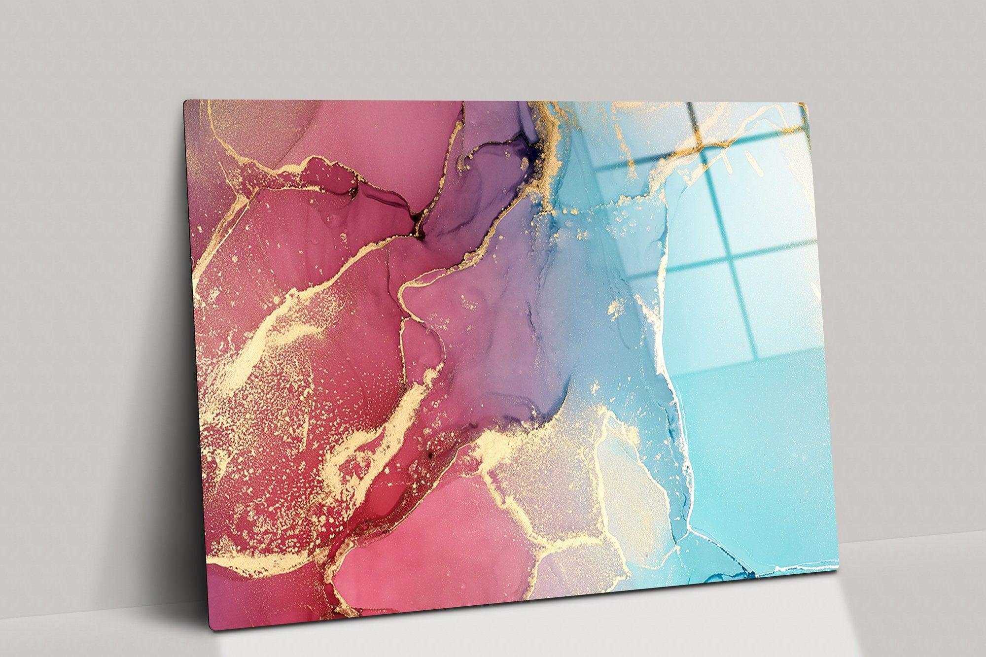 blue pink and gold marble wall art| glass art wall decor, Abstract canvas wall art, Pink & gold marbling canvas art, glass printing wall art