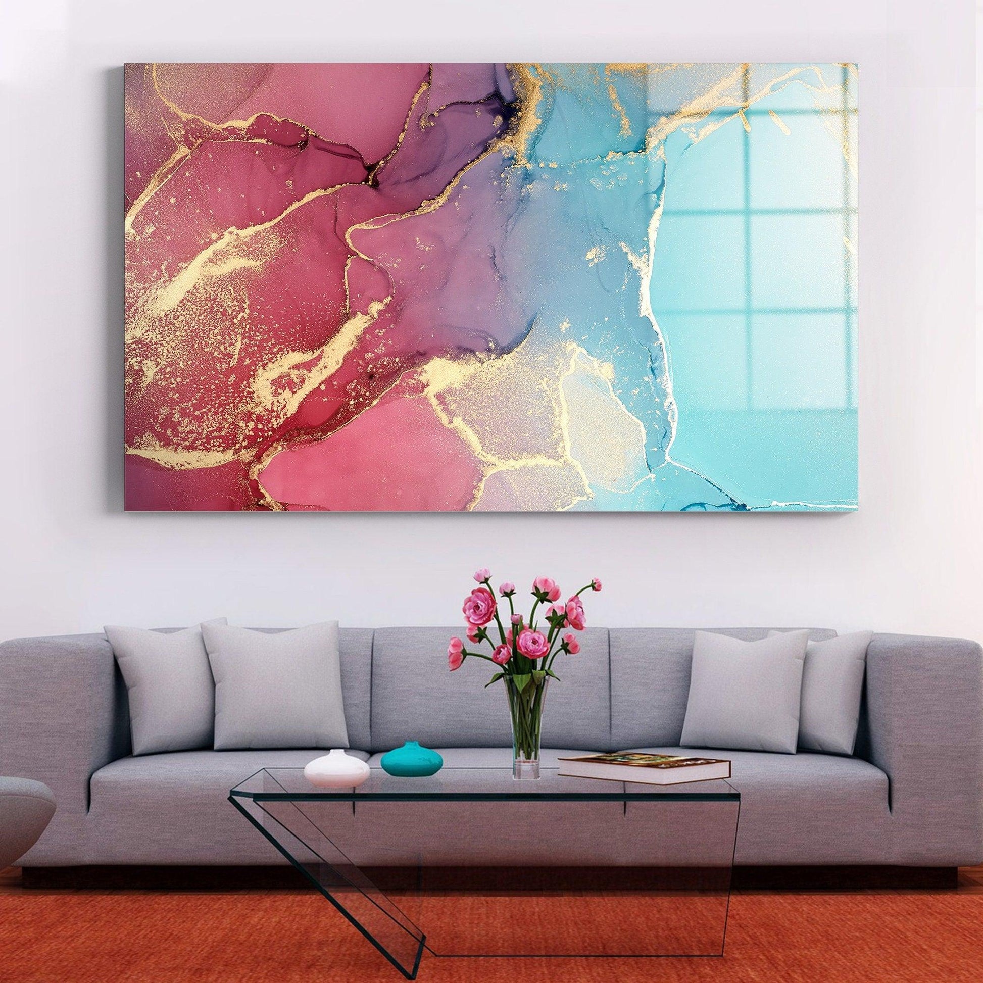 blue pink and gold marble wall art| glass art wall decor, Abstract canvas wall art, Pink & gold marbling canvas art, glass printing wall art