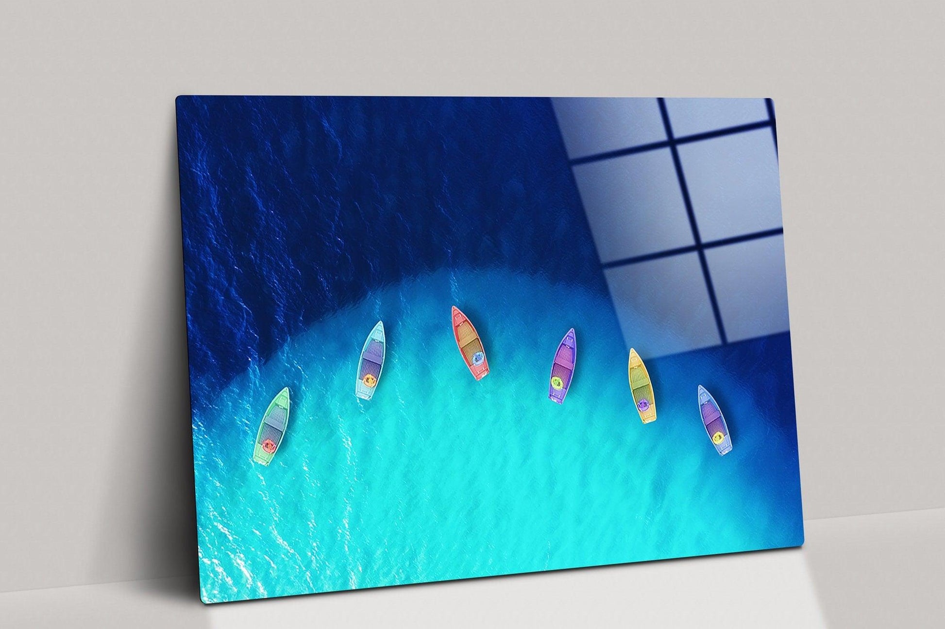 Boats on glass wall art| Boats from air, Aerial view on sea, Summer seascape, Tropical poster, Canvas wall art, Blue sea poster