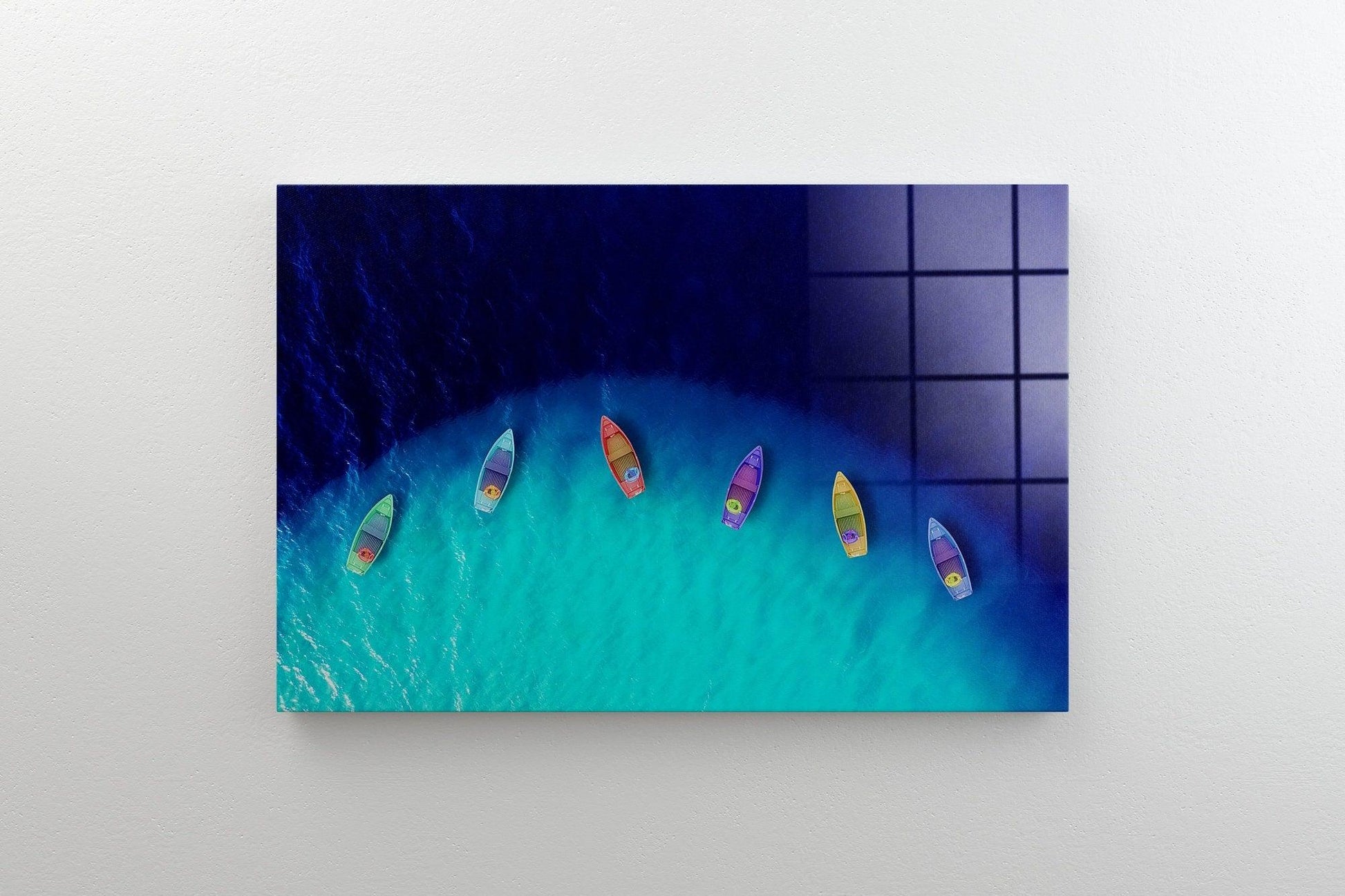 Boats on glass wall art| Boats from air, Aerial view on sea, Summer seascape, Tropical poster, Canvas wall art, Blue sea poster