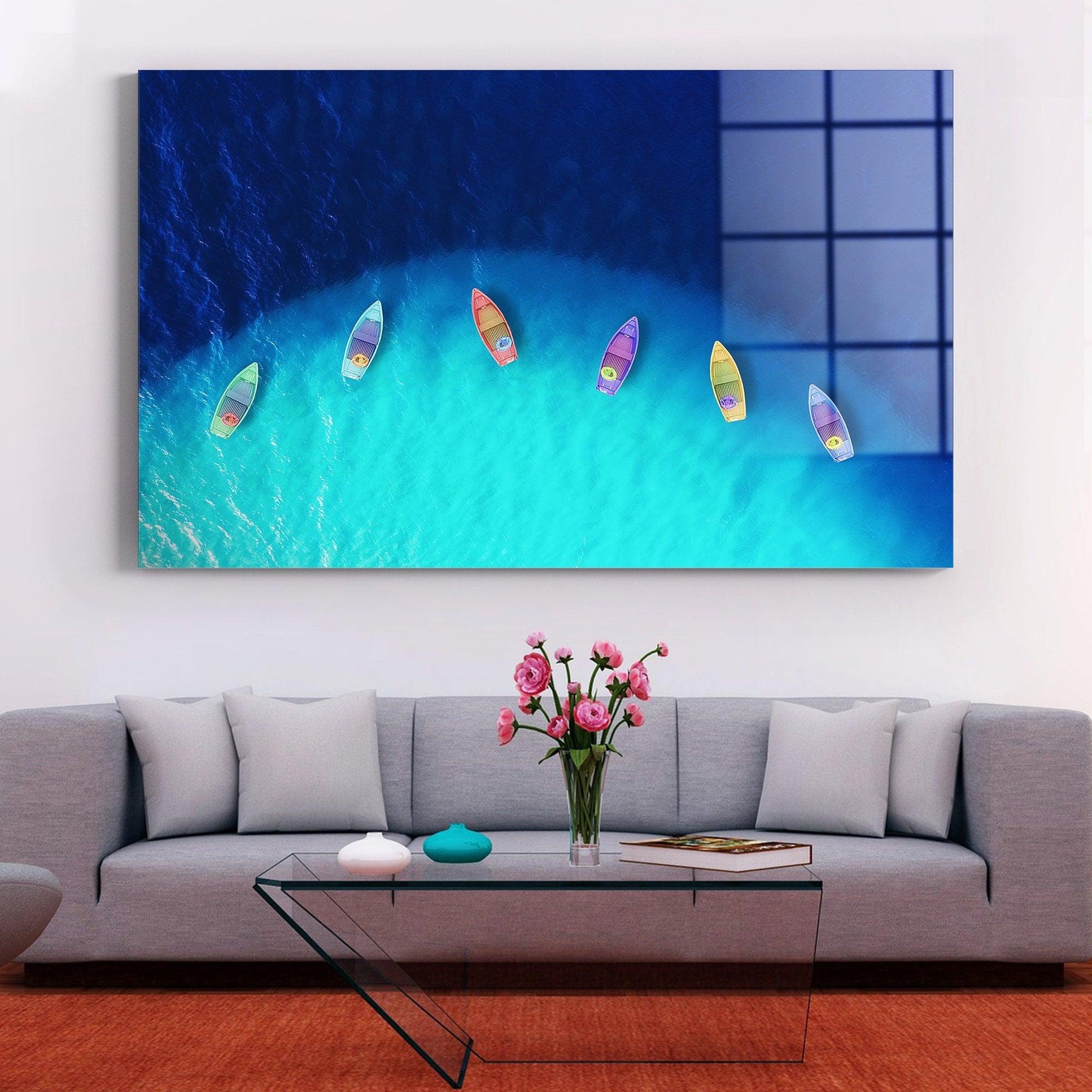 Boats on glass wall art| Boats from air, Aerial view on sea, Summer seascape, Tropical poster, Canvas wall art, Blue sea poster