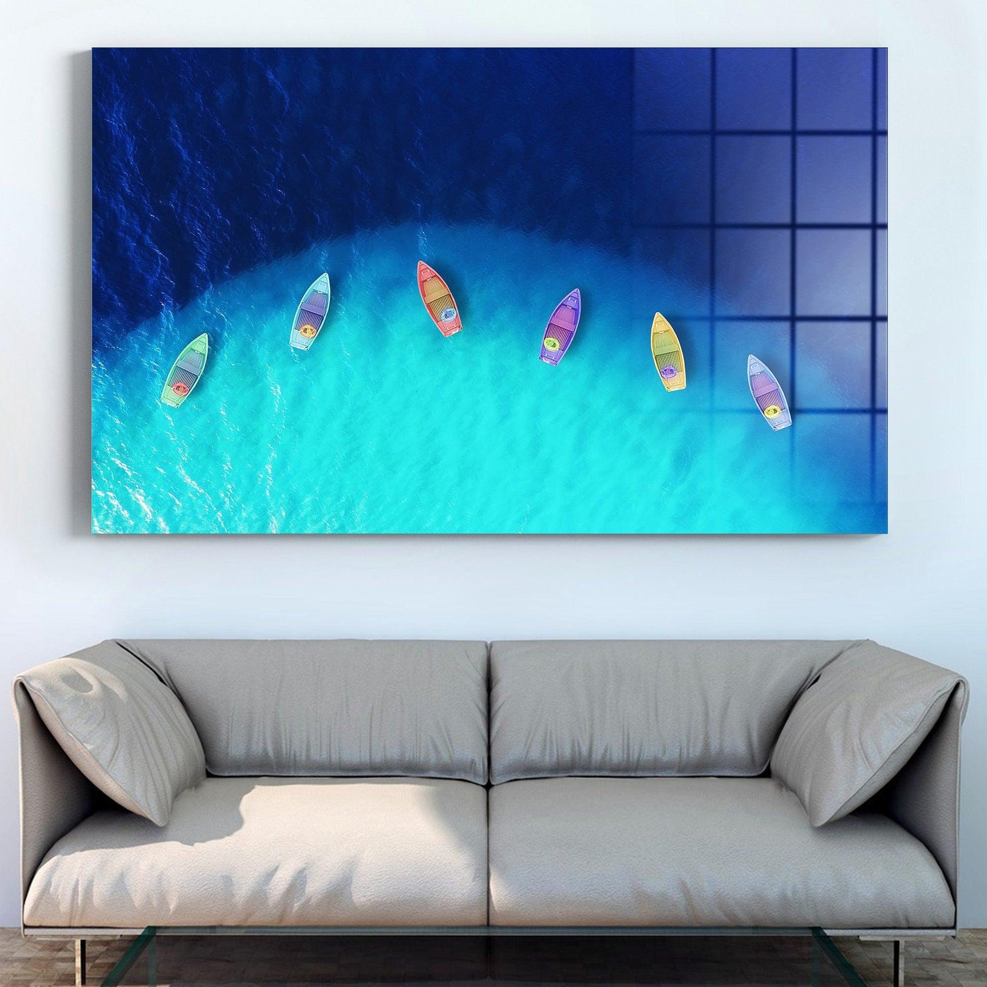 Boats on glass wall art| Boats from air, Aerial view on sea, Summer seascape, Tropical poster, Canvas wall art, Blue sea poster