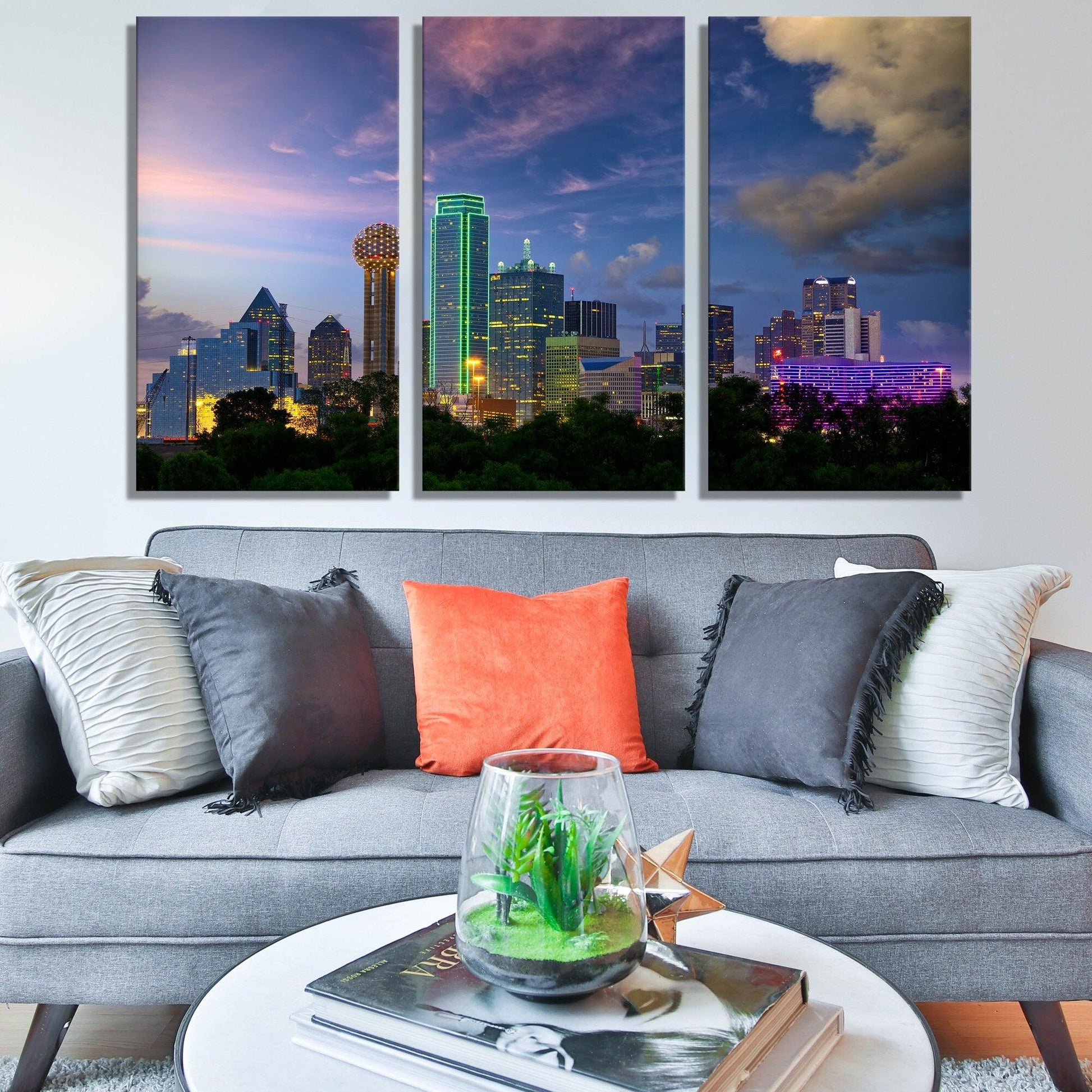The guests Seasickness Sophisticated Dallas City canvas wall art| Texas USA Skyline, Triptych Canvas Print,