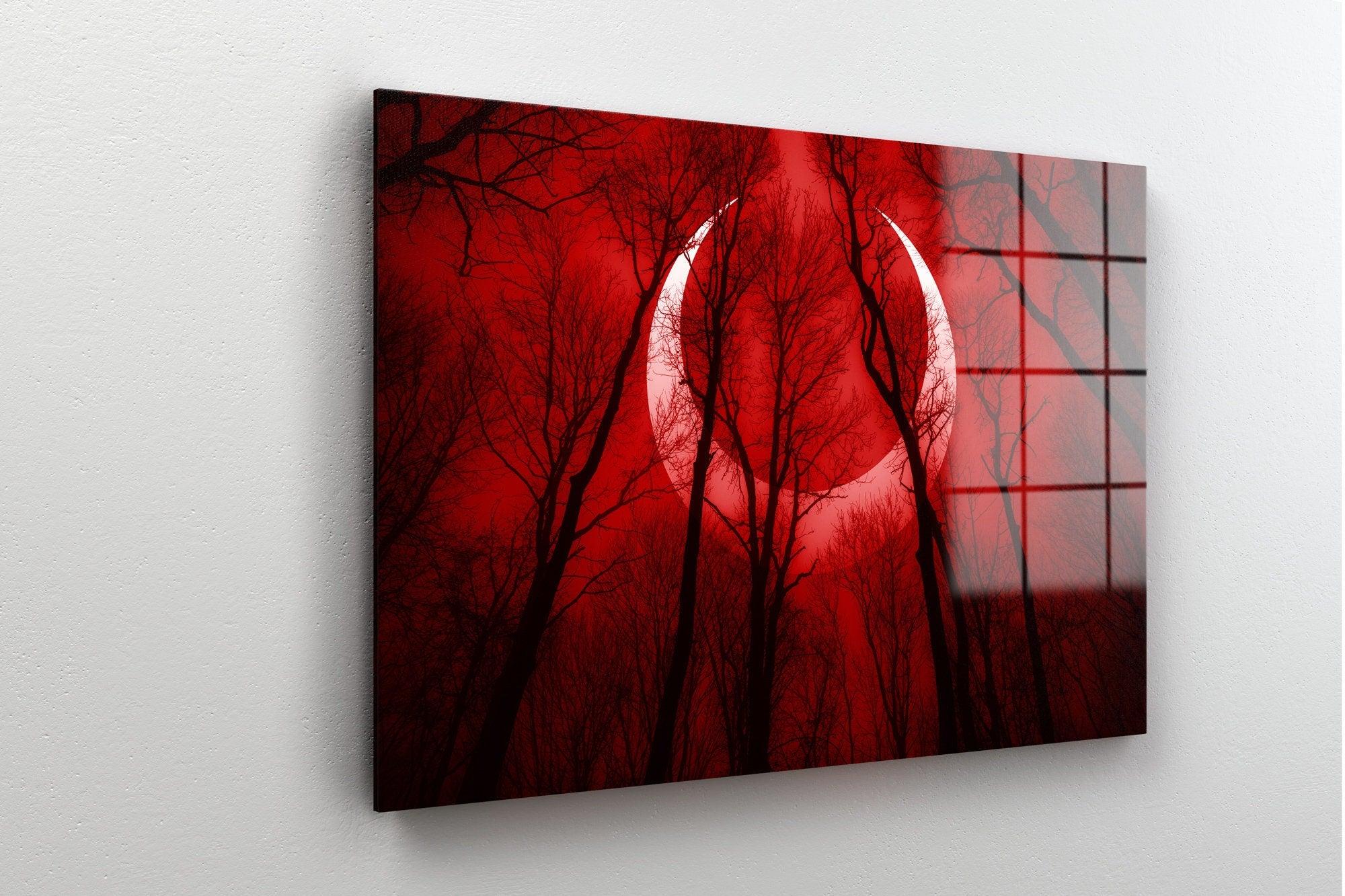 dark scary forest scene glass wall art| surreal eclipse canvas wall art, apocalyptic landscape, red tree wall art, red glass painting - TrendiArt