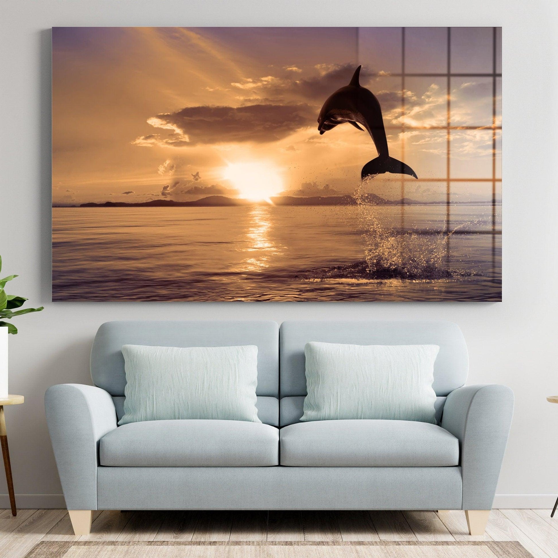 Dolphins Ocean Sunset Canvas Wall Art, Large Framed Sealife Print Home Decor Wall Art, Aesthetic Room Decor Dolphin Print, Bedroom Wall Art