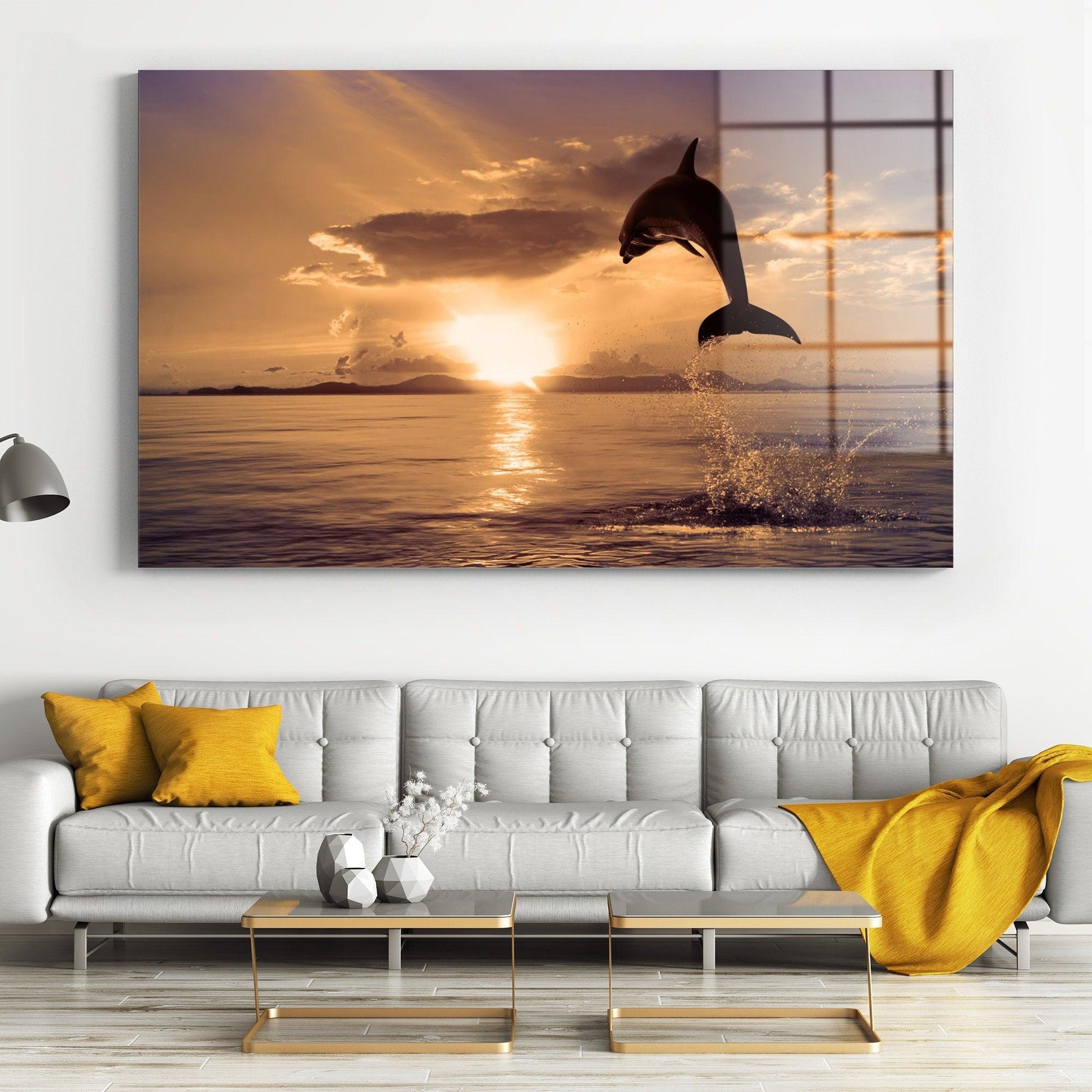 Dolphins Ocean Sunset Canvas Wall Art, Large Framed Sealife Print Home Decor Wall Art, Aesthetic Room Decor Dolphin Print, Bedroom Wall Art