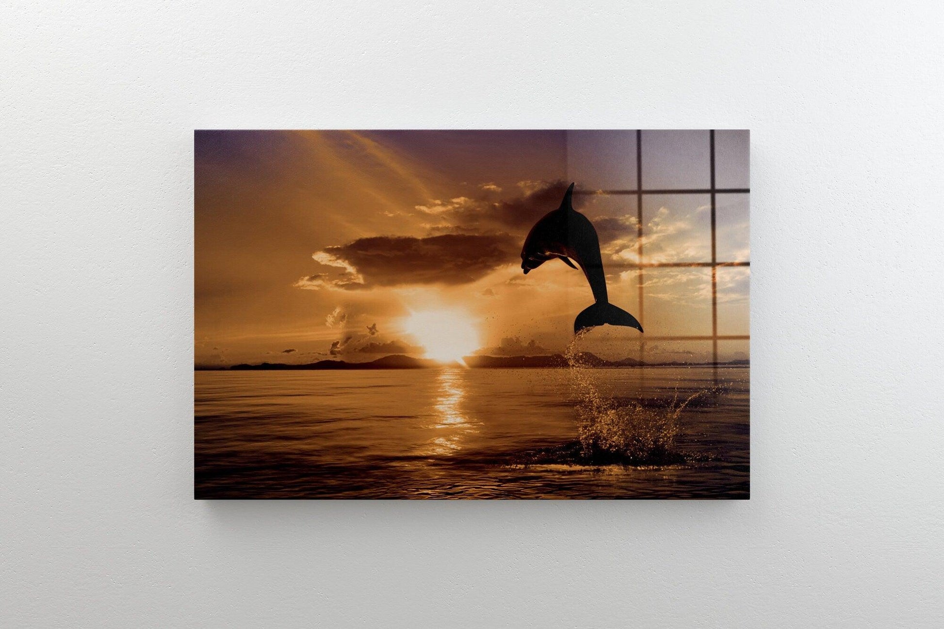 Dolphins Ocean Sunset Canvas Wall Art, Large Framed Sealife Print Home Decor Wall Art, Aesthetic Room Decor Dolphin Print, Bedroom Wall Art