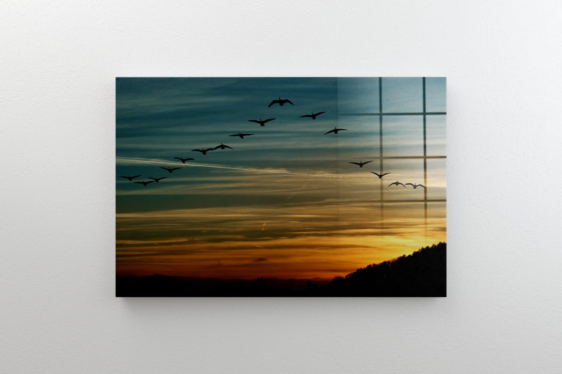 Flying Birds tempered glass art |Large Wall Decor, Sunset Canvas Print, Flock Duck Wall prits, Modern Wall Decor, V formation Birds Wall Art