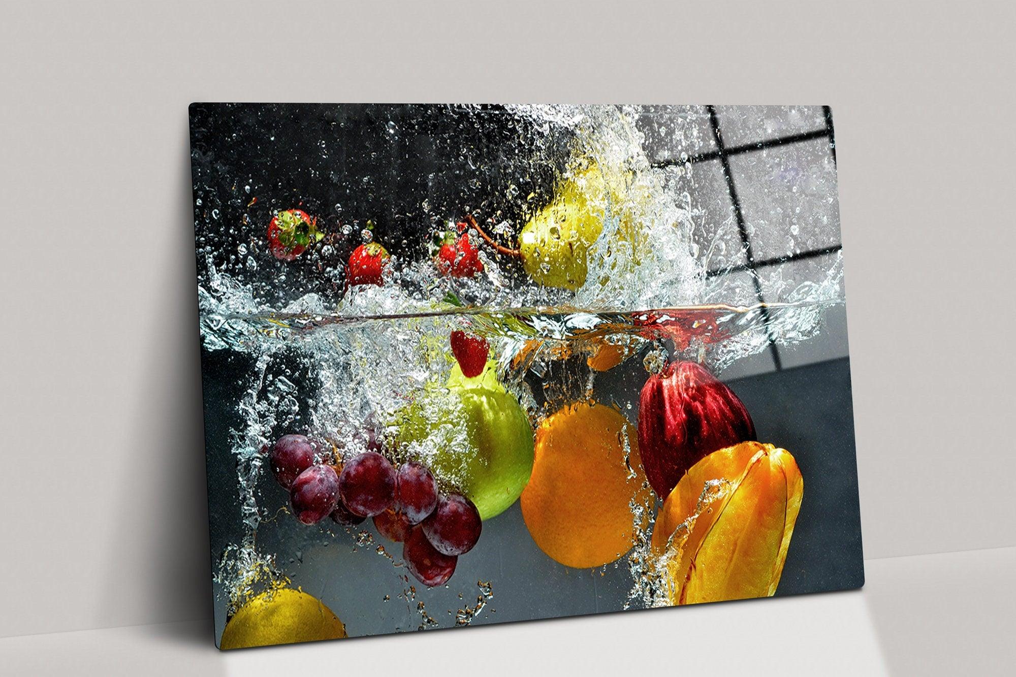 Fruits Splash Tempered Glass Printing Wall Art | Fruits & Berries glass Kitchen Print, Modern Glass Art, glass wall decorative,
