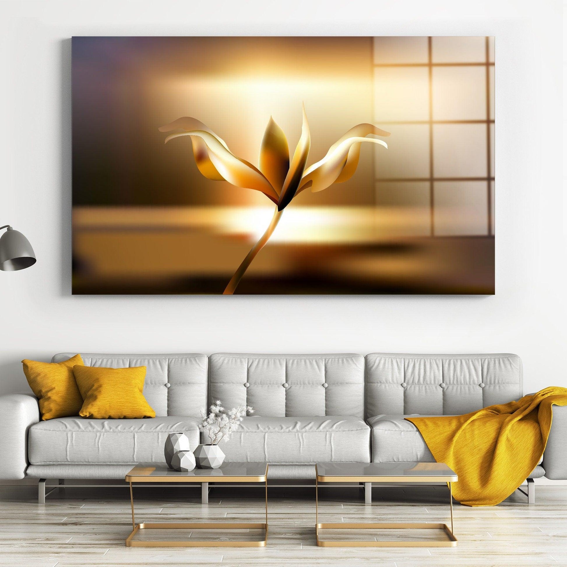 Golden Flower Canvas, Floral Picture, Abstract Flower Painting, Abstract Floral Print, Golden Pattern Flower Wall Art, Golden Flower glass