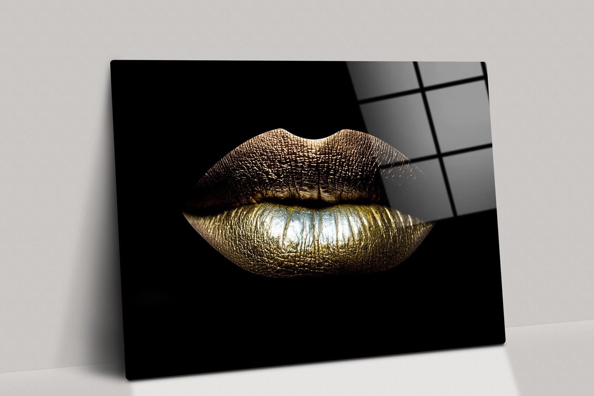 Golden Lips Canvas wall art| Lips Artwork, Kiss Print Art, Sparkles Lips Decor, Black Glitter Lips glass wall art, tempered glass wall art