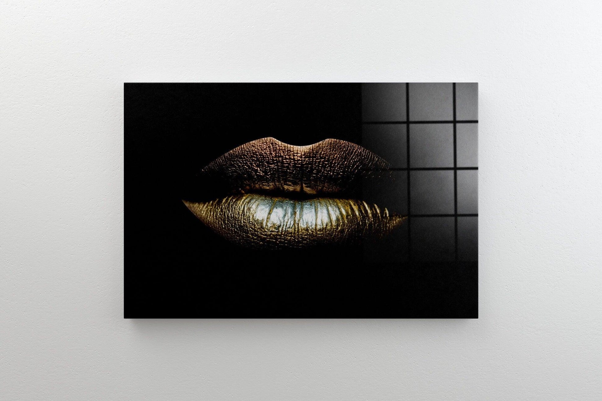 Golden Lips Canvas wall art| Lips Artwork, Kiss Print Art, Sparkles Lips Decor, Black Glitter Lips glass wall art, tempered glass wall art