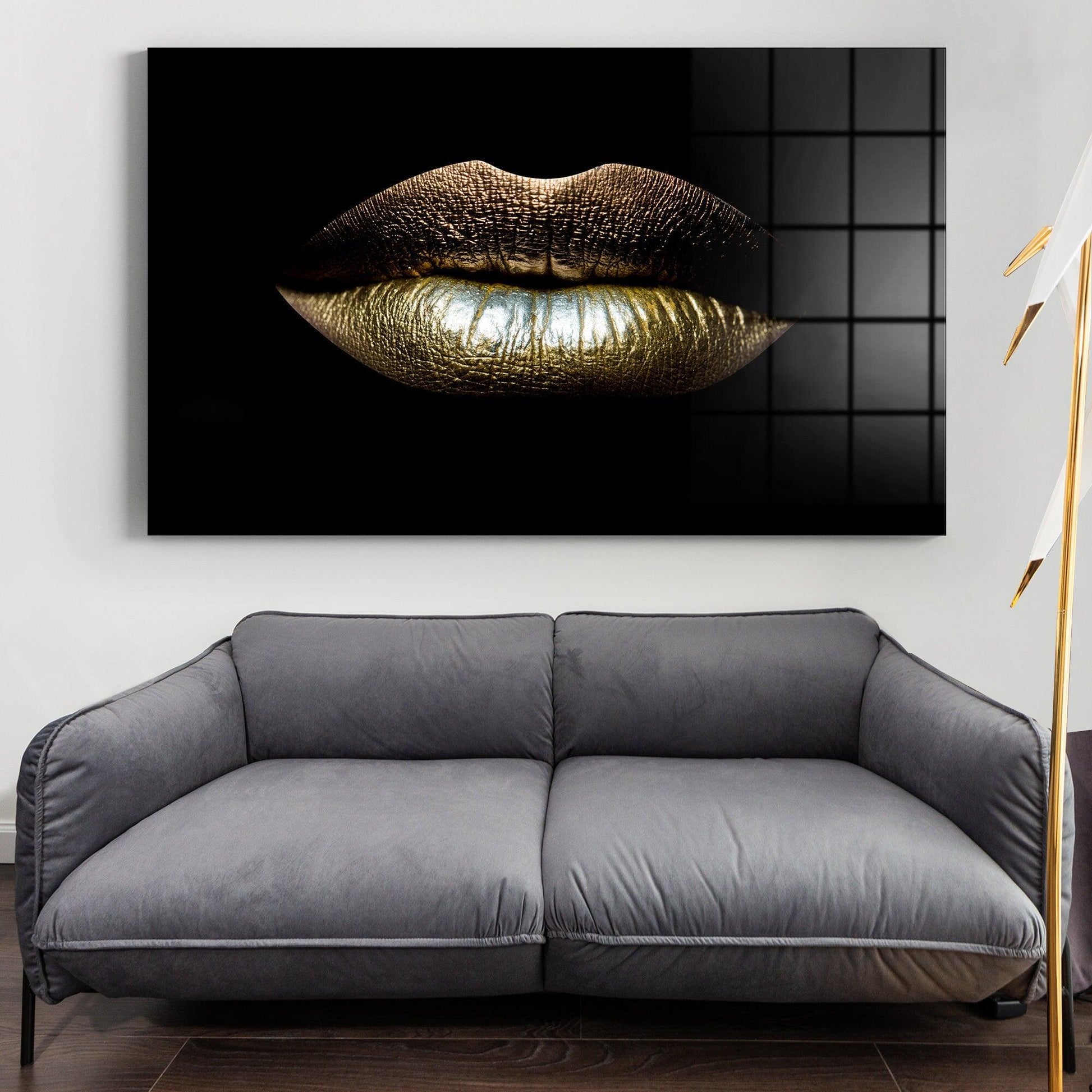 Golden Lips Canvas wall art| Lips Artwork, Kiss Print Art, Sparkles Lips Decor, Black Glitter Lips glass wall art, tempered glass wall art