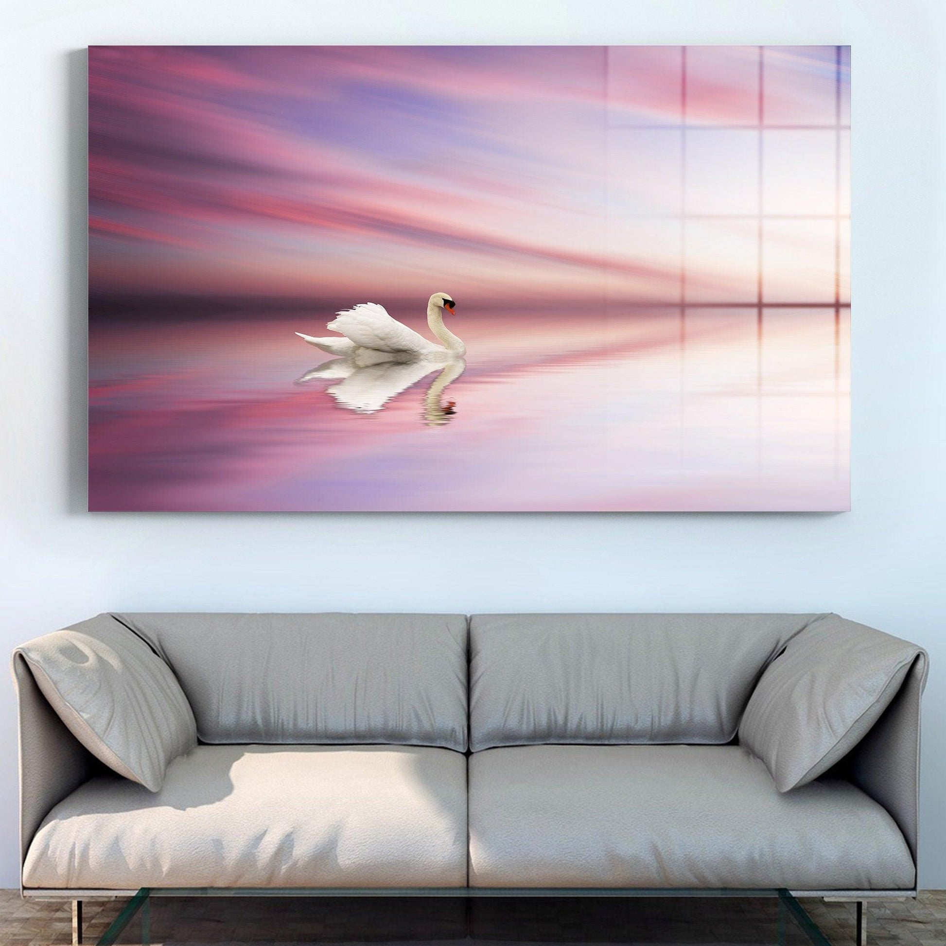 Home Decoration Glass Wall Art| Oversized office Wall Decor, Fractal And Cool Wall Hanging, Swan canvas Wall Art, Swan Lake View Wall Art