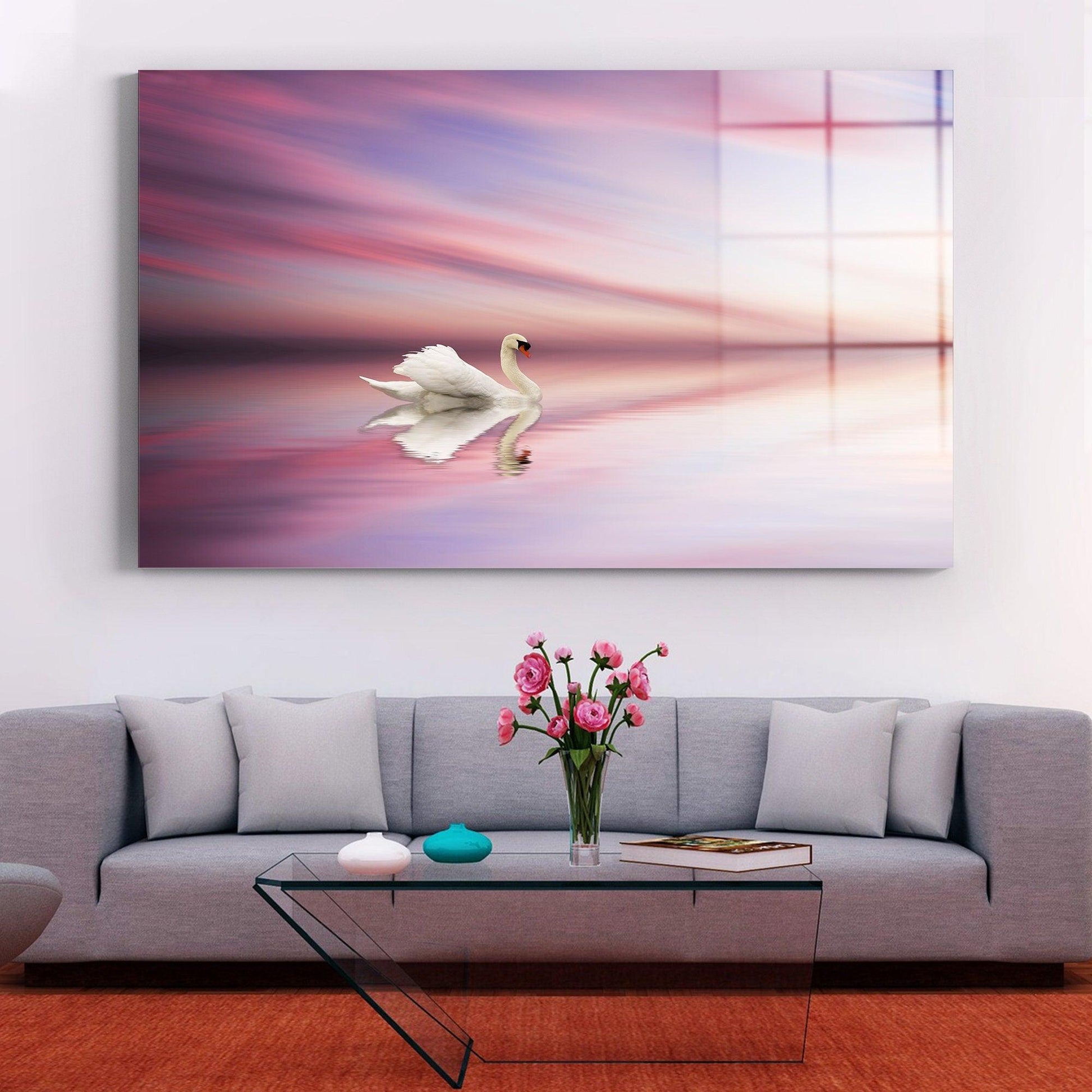 Home Decoration Glass Wall Art| Oversized office Wall Decor, Fractal And Cool Wall Hanging, Swan canvas Wall Art, Swan Lake View Wall Art