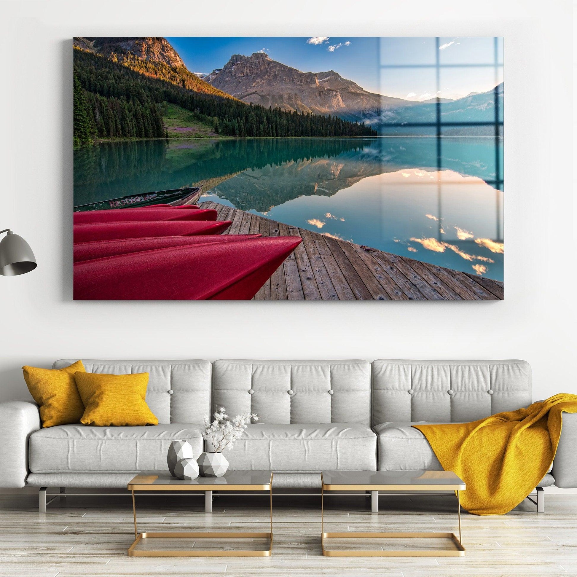 Landscape glass printing wall art | Silence Fishing Boat Poster Print, Scenic Landscape Photography On Canvas Print, Wooden Boat Wall Decor