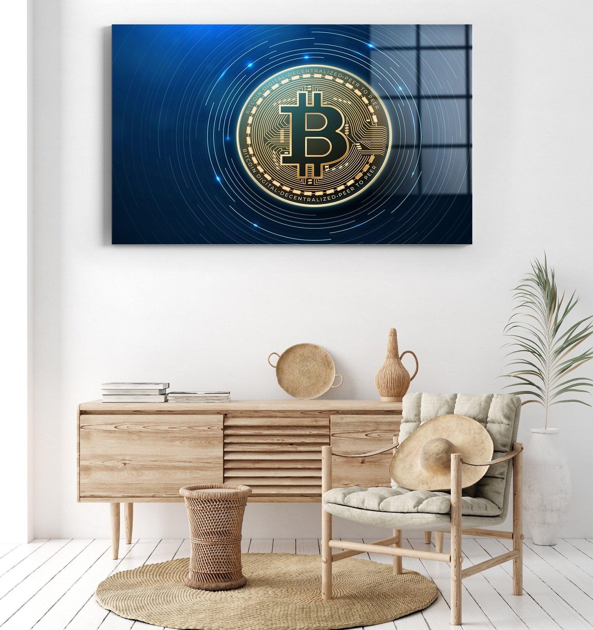 Large Bitcoin Canvas Art, Cryptocurrency Trader Gift, Bitcoin Wall Decor, Bitcoin canvas wall art, Bitcoin glass wall decor, office wall art - TrendiArt