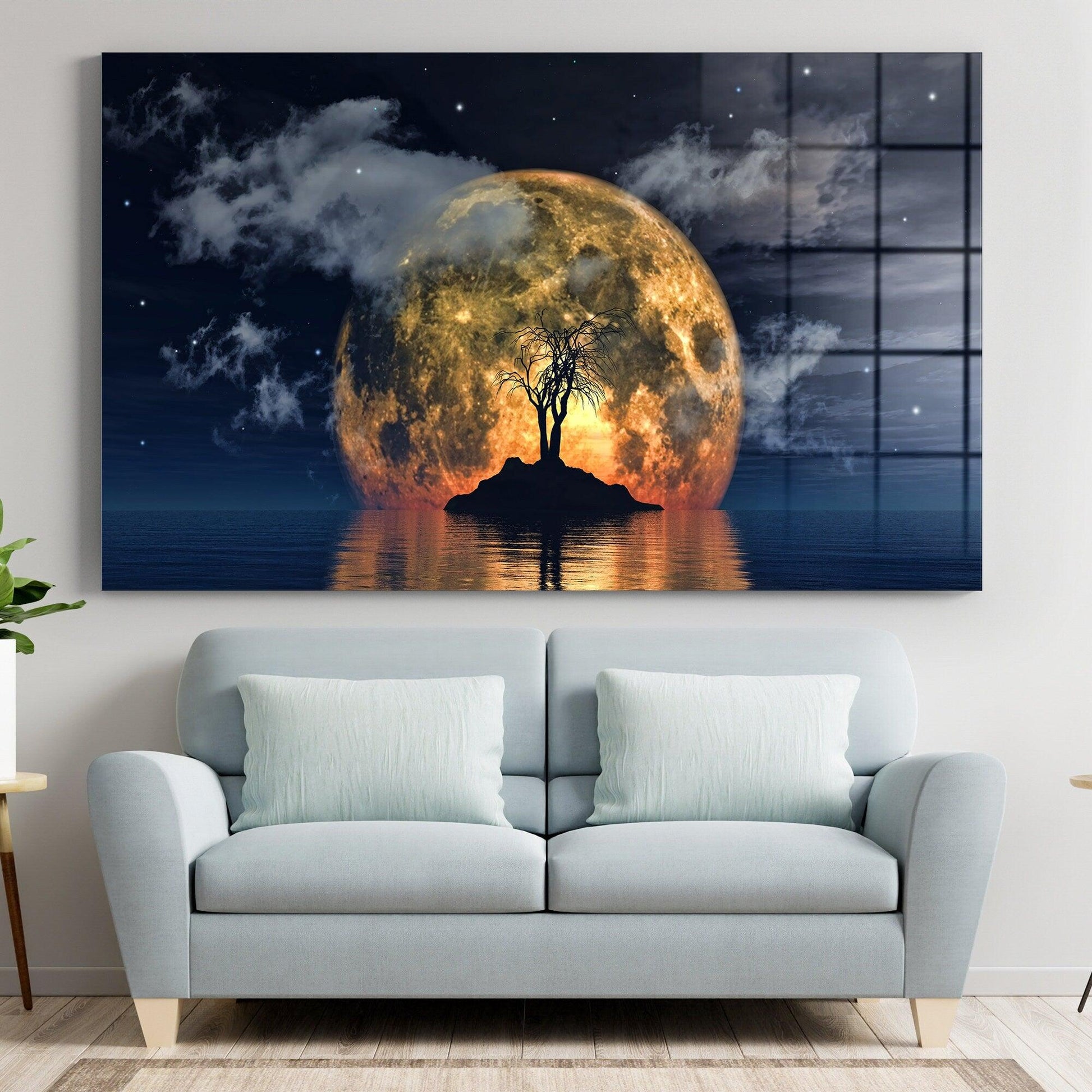 Moon and spooky tree glass painting wall art| Large Landscape wall decor, Abstract Painting, Copper moon canvas wall art, Turquoise Wall Art