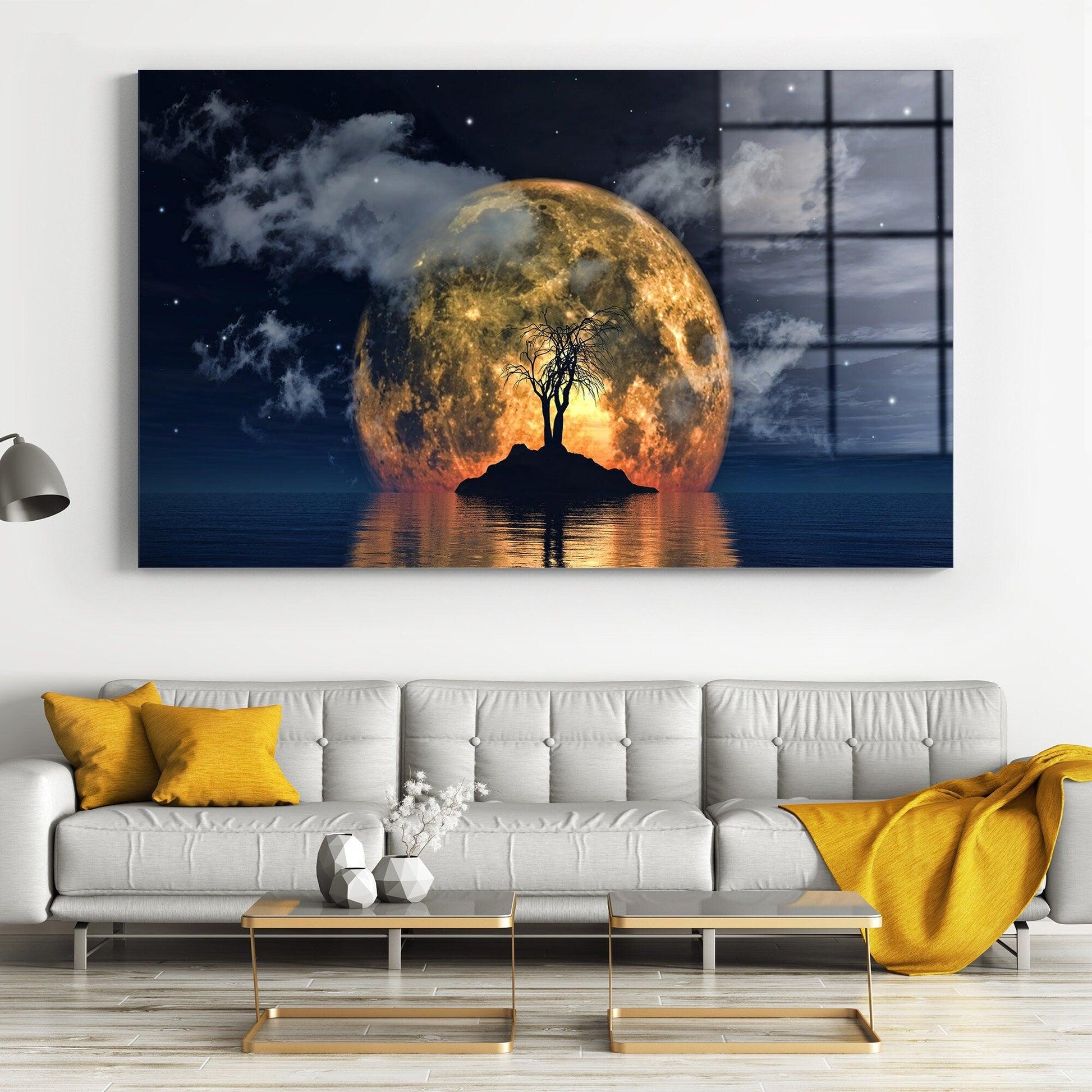 Moon and spooky tree glass painting wall art| Large Landscape wall decor, Abstract Painting, Copper moon canvas wall art, Turquoise Wall Art