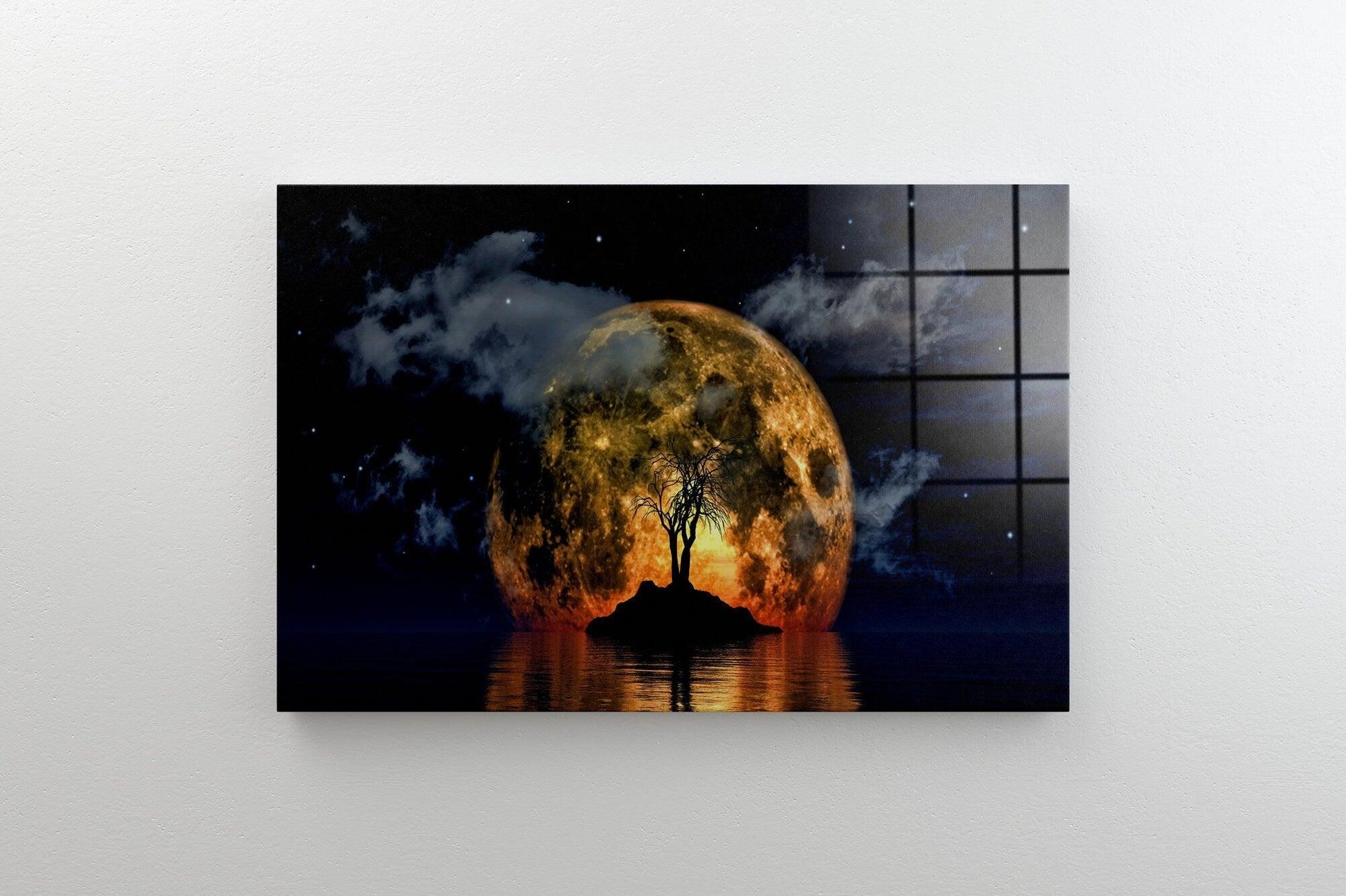 Moon and spooky tree glass painting wall art| Large Landscape wall decor, Abstract Painting, Copper moon canvas wall art, Turquoise Wall Art