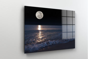 Moon over Sea glass wall art | Sea Sparkle Print on Canvas , Floating Frame Option, Modern Wall Art, Canvas Wall Set , Moon glass art