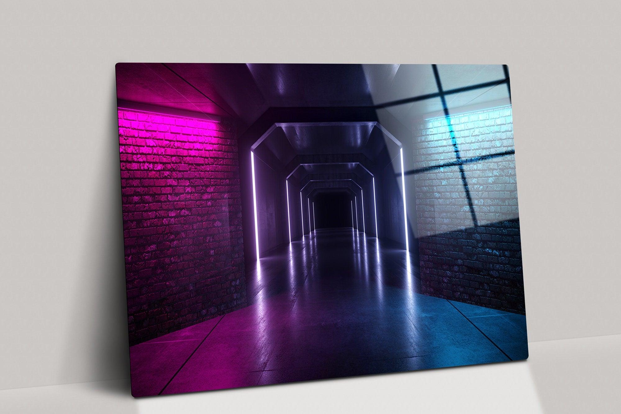 Neon Glowing glass wall art|Retro Brick Walls, Purple Blue Stage Night Club, Fashion 3D Rendering Illustration glass decor, brick canvas art