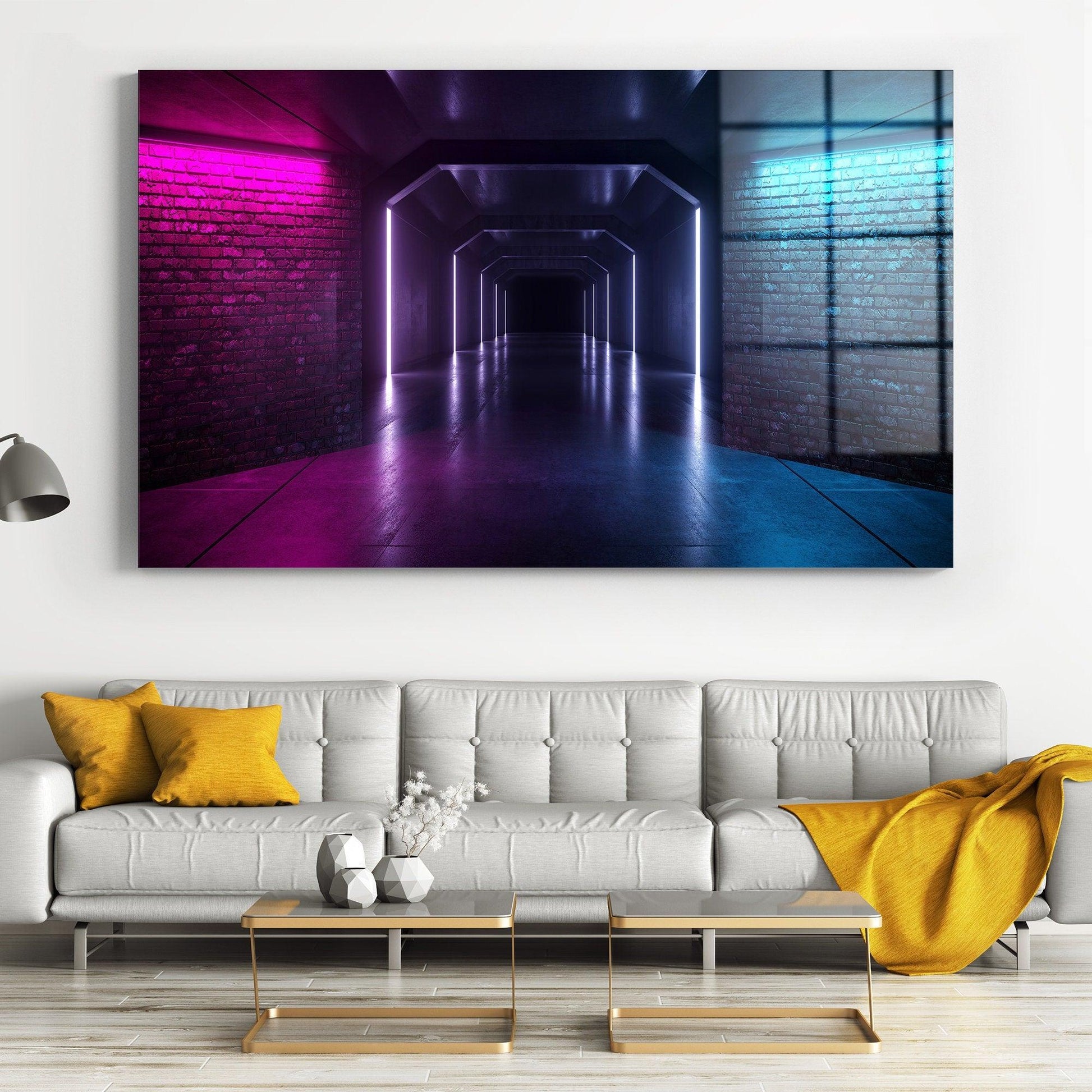 Neon Glowing glass wall art|Retro Brick Walls, Purple Blue Stage Night Club, Fashion 3D Rendering Illustration glass decor, brick canvas art